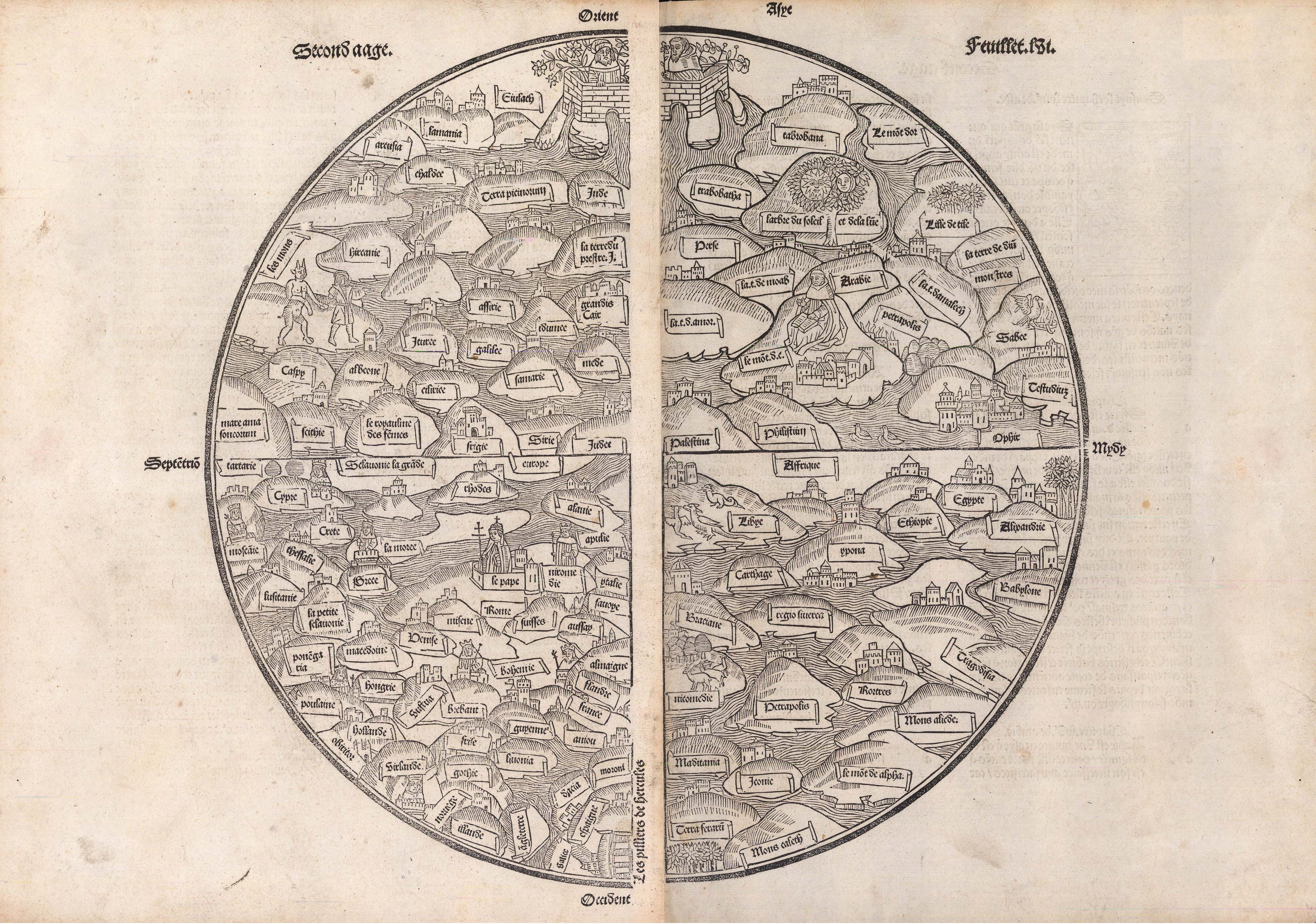 Black and white woodcut of the world in a modified mappa mundi form, from the Mer des Hystoires (Sea of Stories). The map is round. The top half shows Asia, with Paradise at the very top in the East. The lower left quadrant shows Europe, and the right lower quadrant shows Africa. Place names are show in small labels throughout the map.