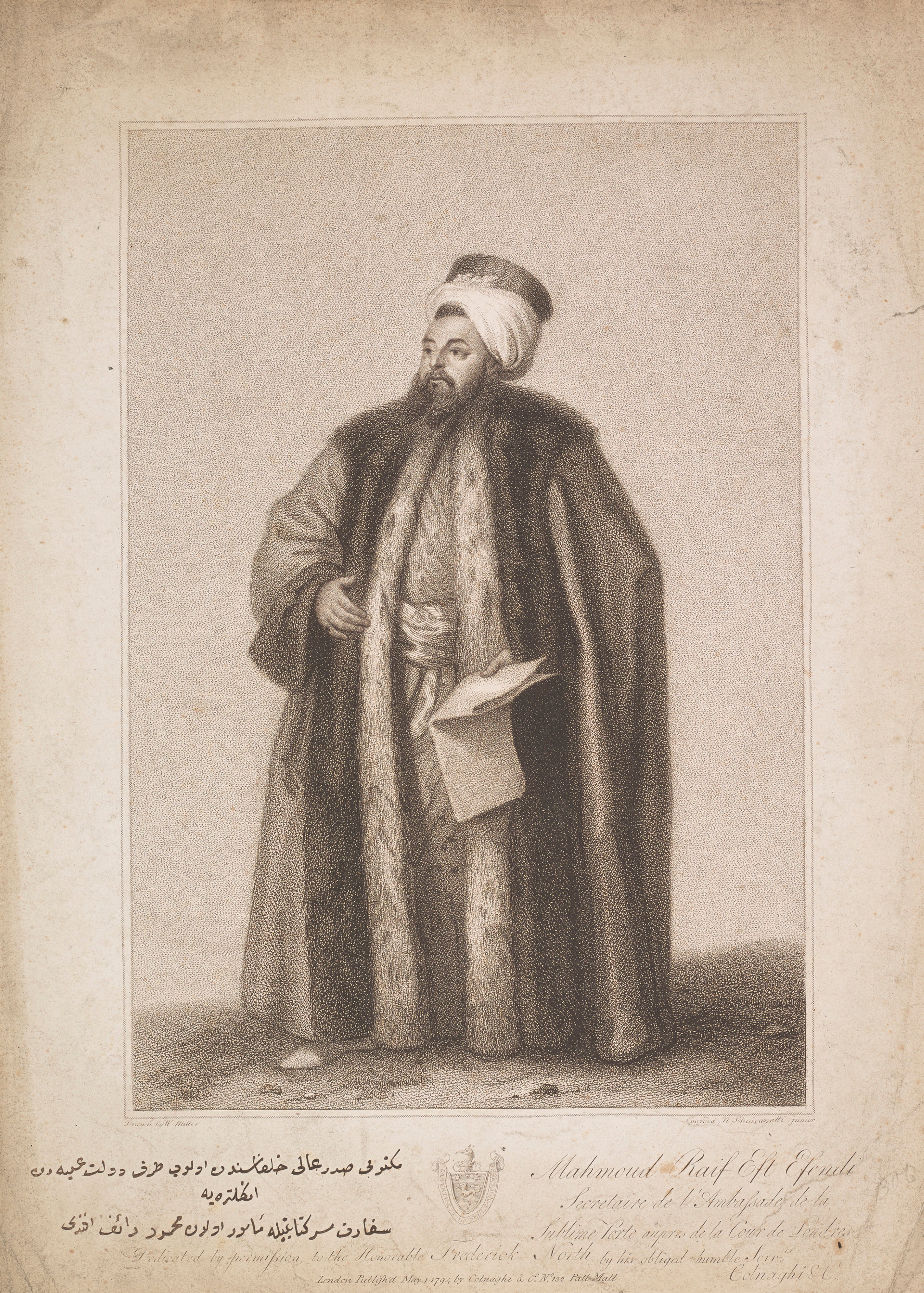 Full body portrait of Mahmoud Raif Efendi, a man with a short beard, wearing robes and a headdress. 