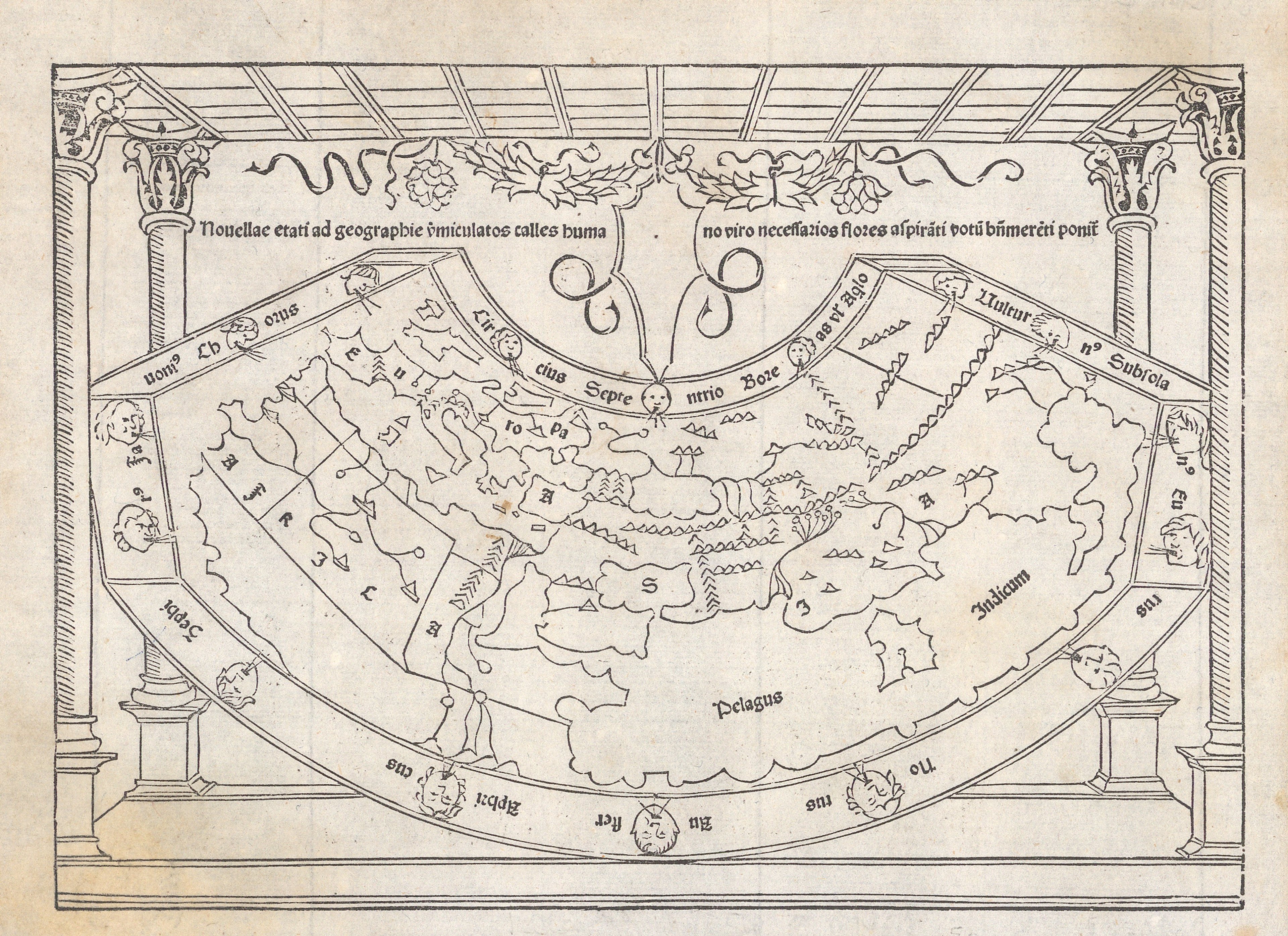 A world map from the 15th Century, and the Earth is surrounded by Windheads. 