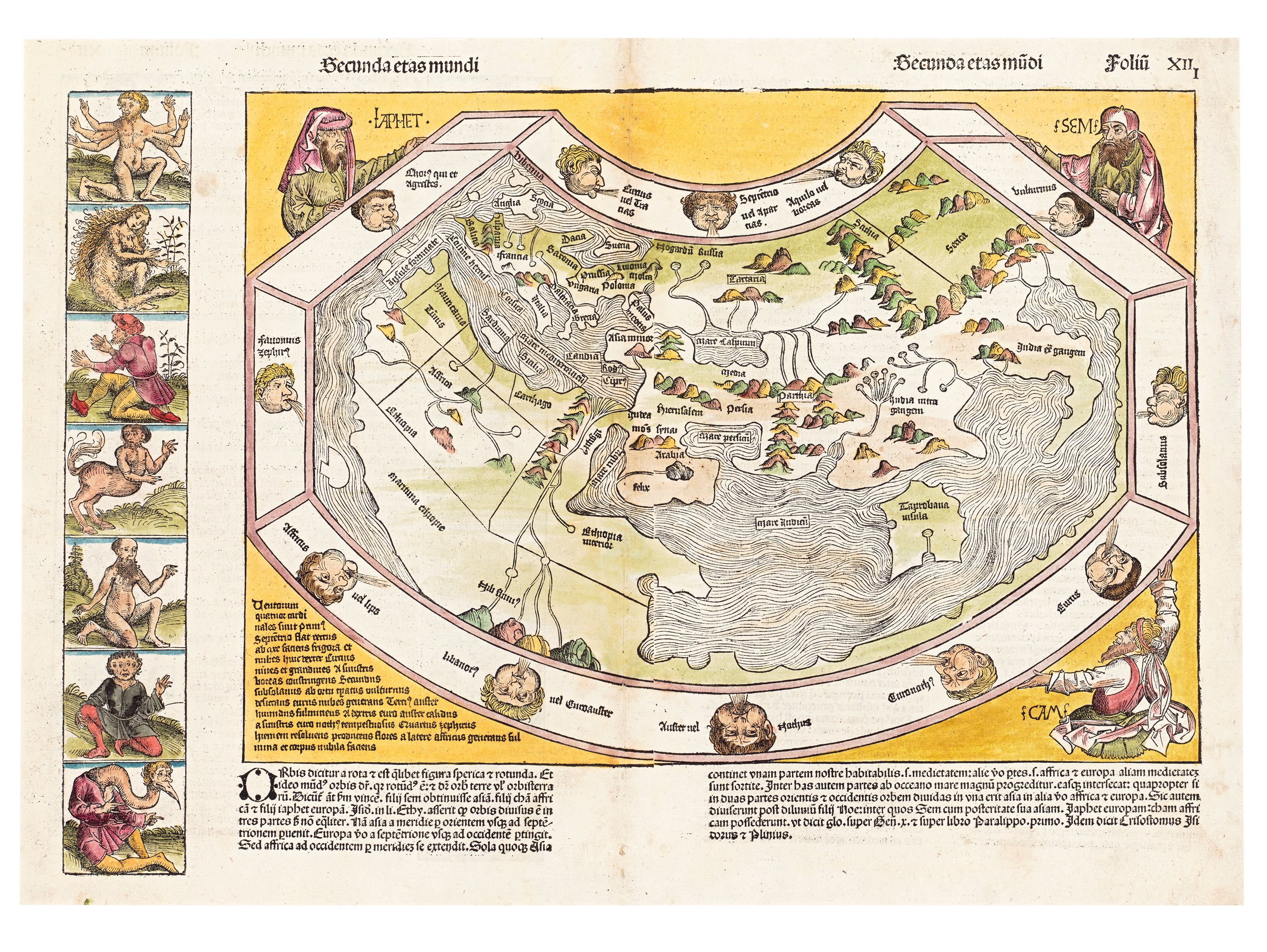 Ptolemaic World by Hartmann Schedel, part of the Nuremberg Chronicle. There are 12 Windheads surrounding the Earth, and the map is supported in three corners by the solemn figures of Ham, Shem and Japhet from the Old Testament.