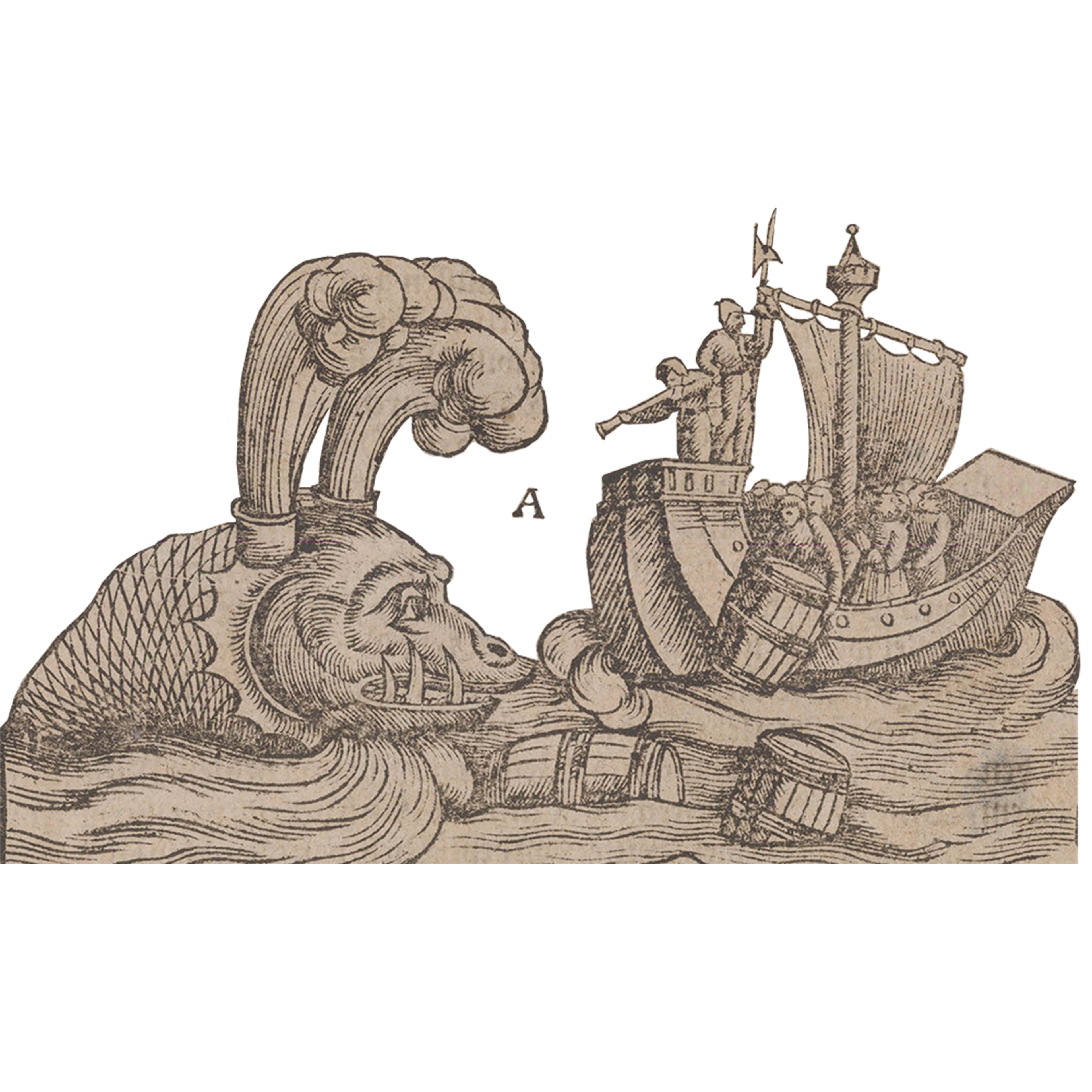 A sea monster from Munster's legendary plate comes face to face with a ship in the sea. They try to get a closer look with an eye glass, and throw barrels at it to shew it away! Large spouts of water blast from the sea monsters blowholes.
