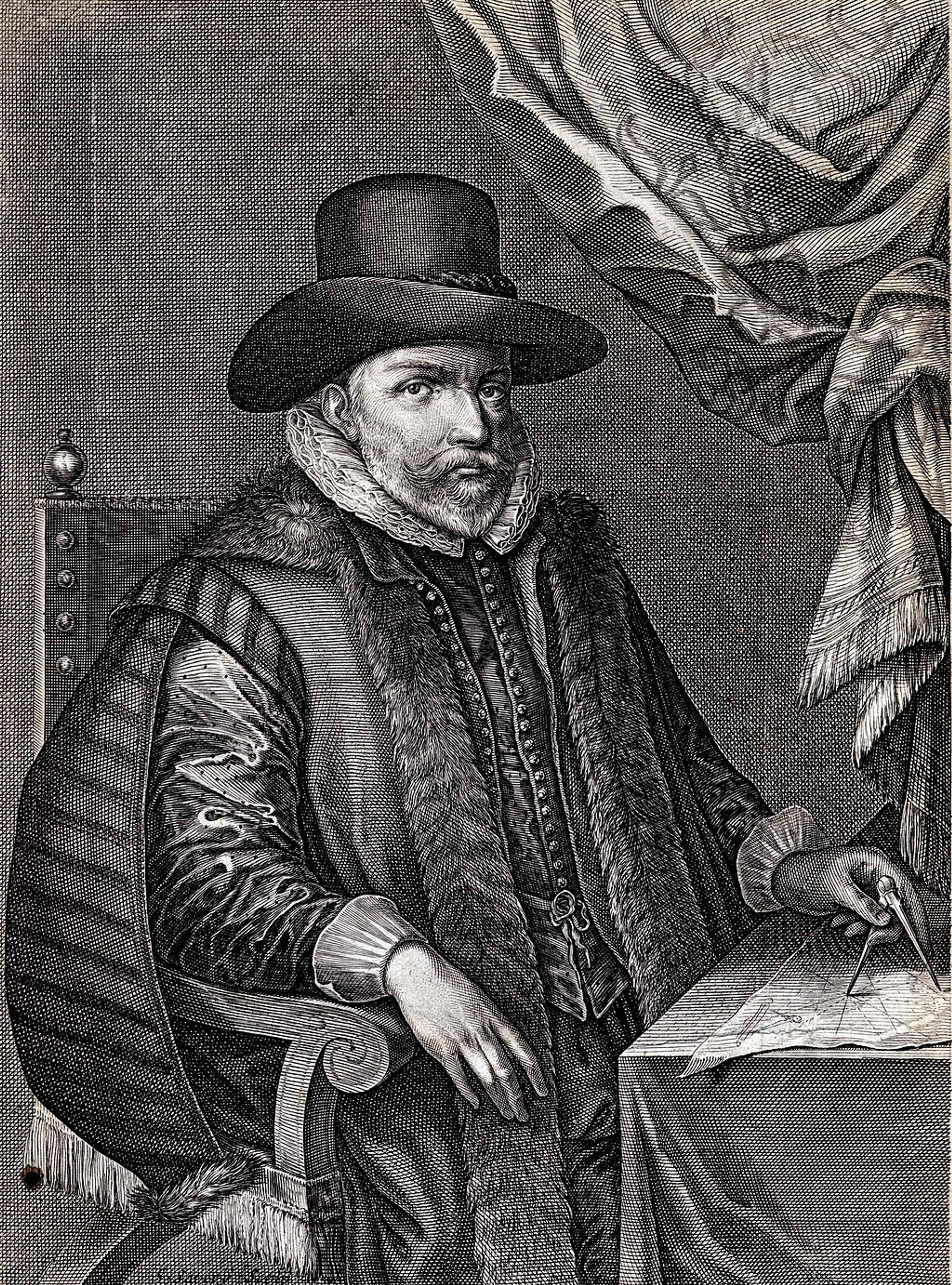 Black and white portrait of English cartographer, John Speed, a man wearing robes with a hat and holding a compass over a map in his left hand.