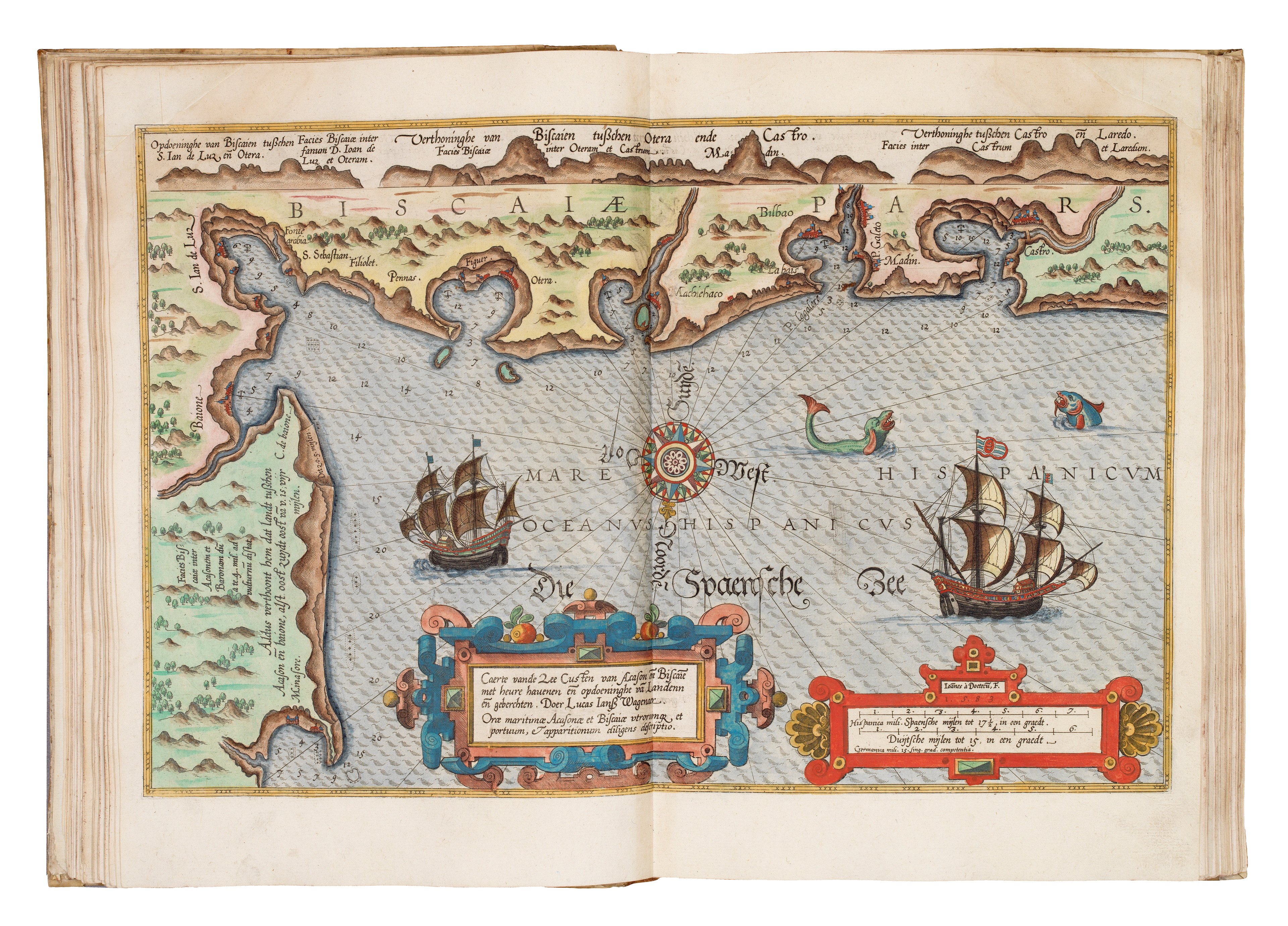 A coloured nautical chart showing a coastline above a pale blue sea populated with a compass rose, sea monsters and ships.