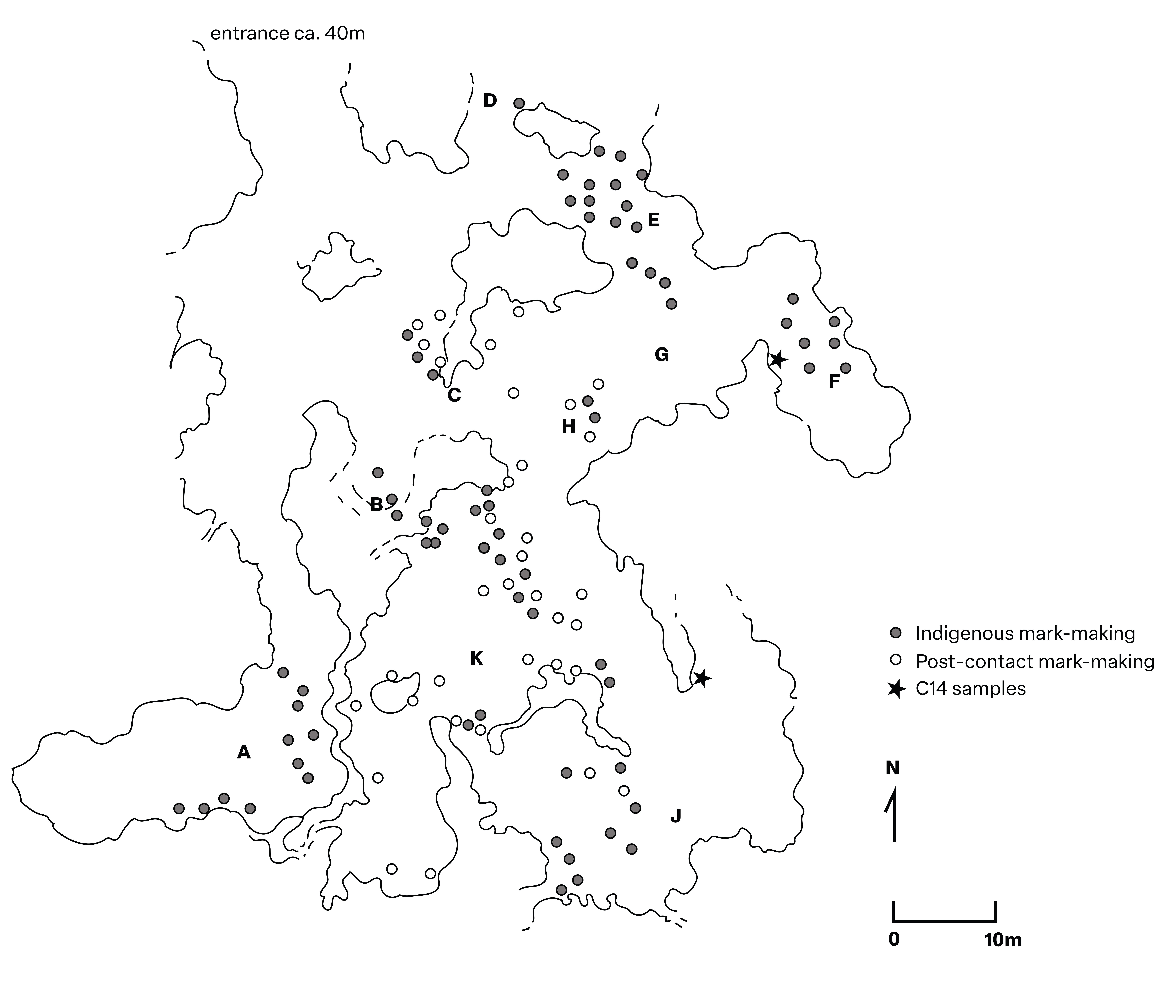 Simplified schematic map of some of the cave chambers of intricate and vast cave network on the uninhabited island, Isla de Mona (near Puerto Rico in Caribbean). The circles with grey inner represent Indigenous mark-making, the circle outlines represent post-European contact mark-making, and the stars indicate 'C14 samples'