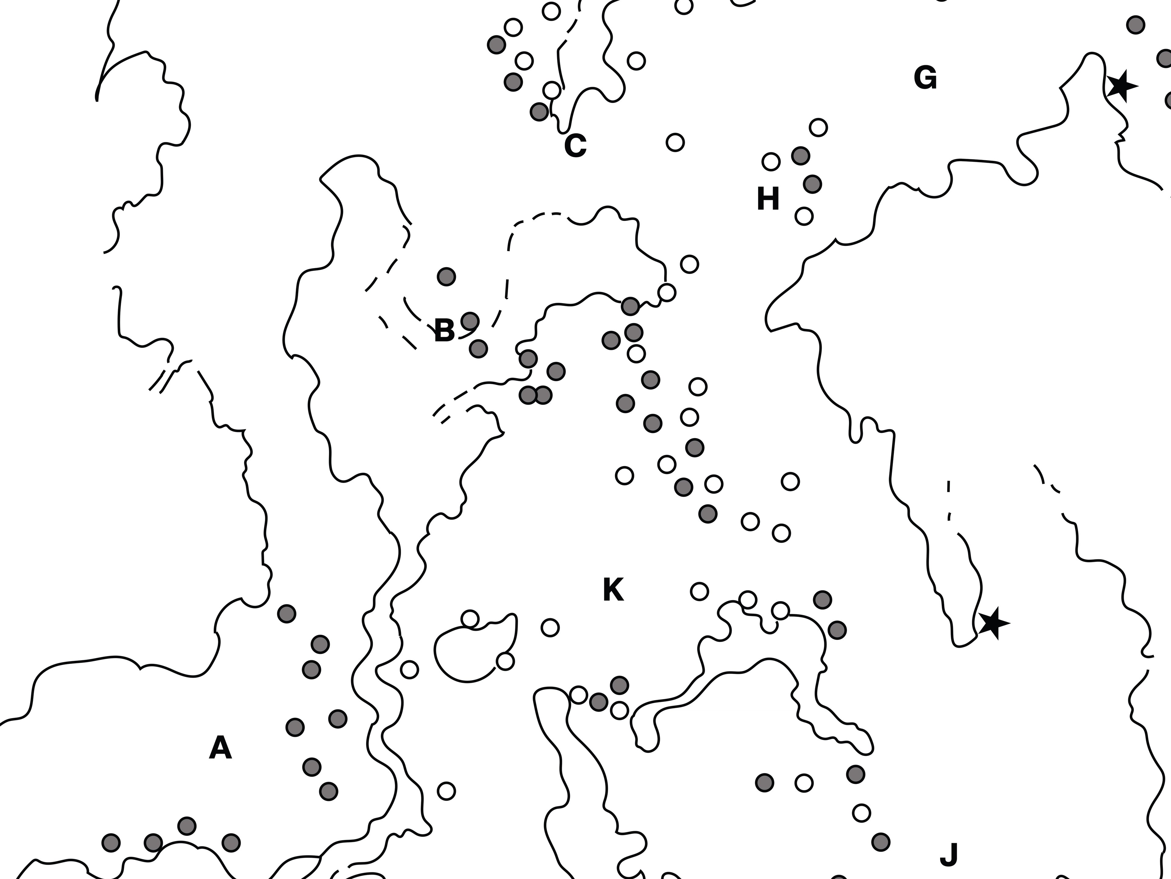 Simplified schematic map of some of the cave chambers of intricate and vast cave network on the uninhabited island, Isla de Mona (near Puerto Rico in Caribbean). The circles with grey inner represent Indigenous mark-making, the circle outlines represent post-European contact mark-making, and the stars indicate 'C14 samples'