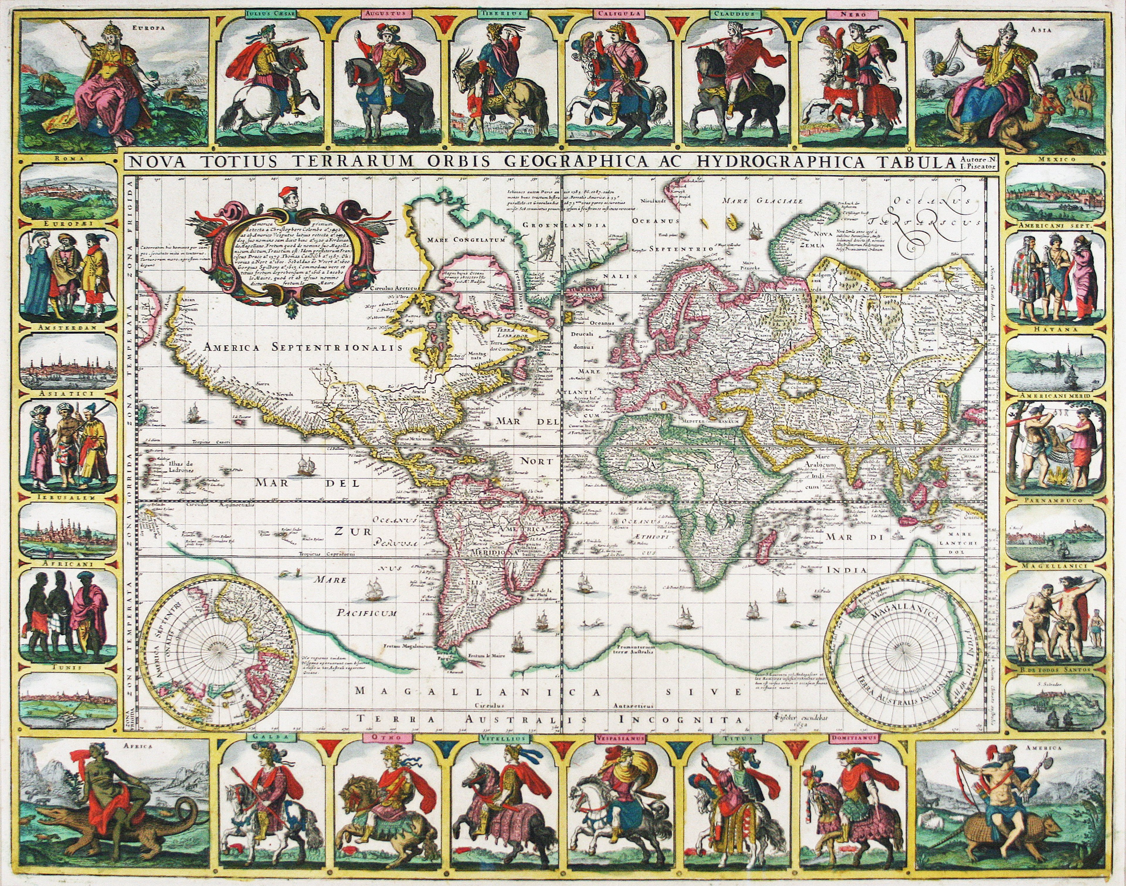 Mercator Projection of a world map from the Dutch Golden Age with ornate illustrations of men on horses around the top and bottom of the map, and different figures from around the world along the right and lefthand sides.