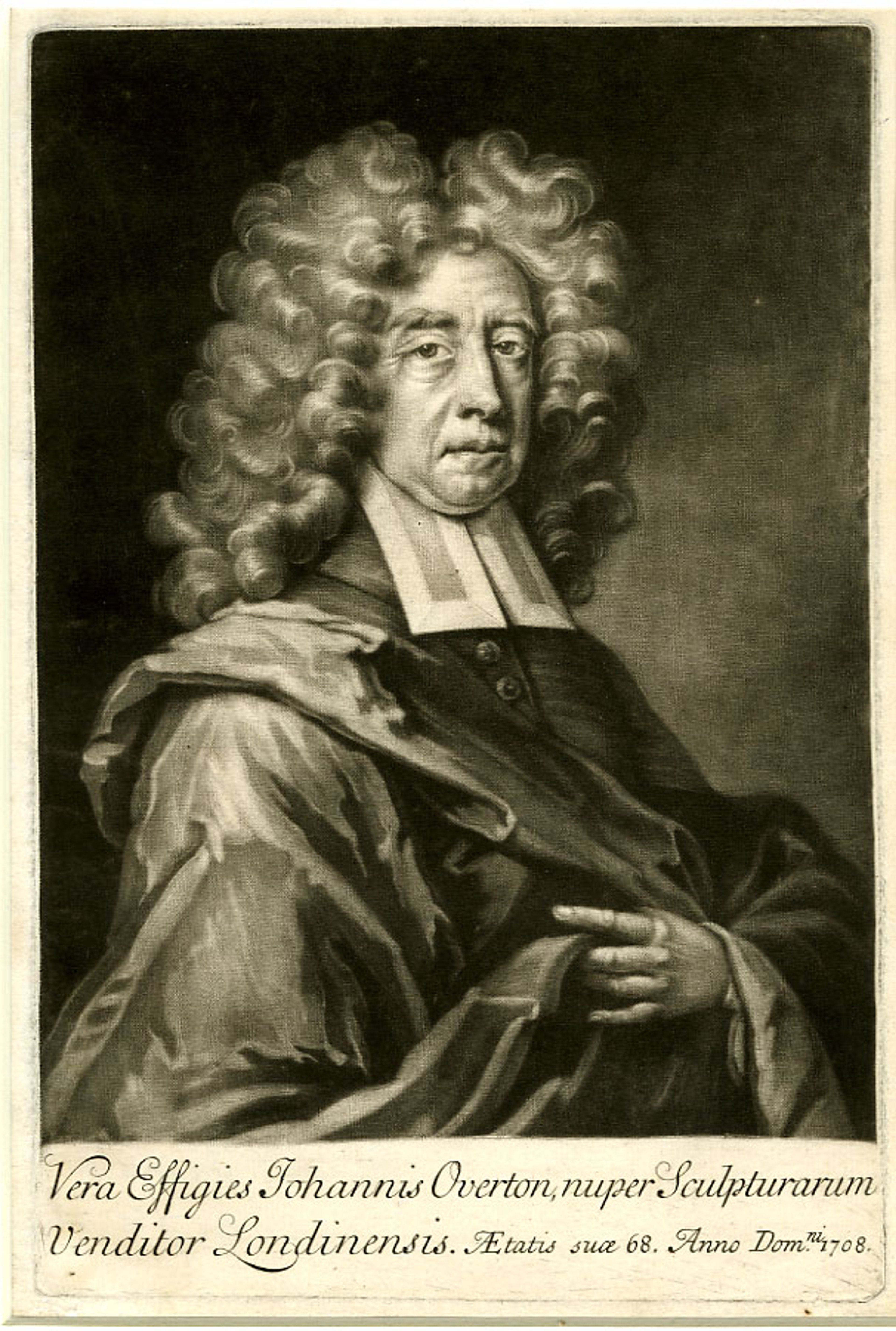 A black and white portrait of John Overton, a man with long curly hair and wearing dark robes.