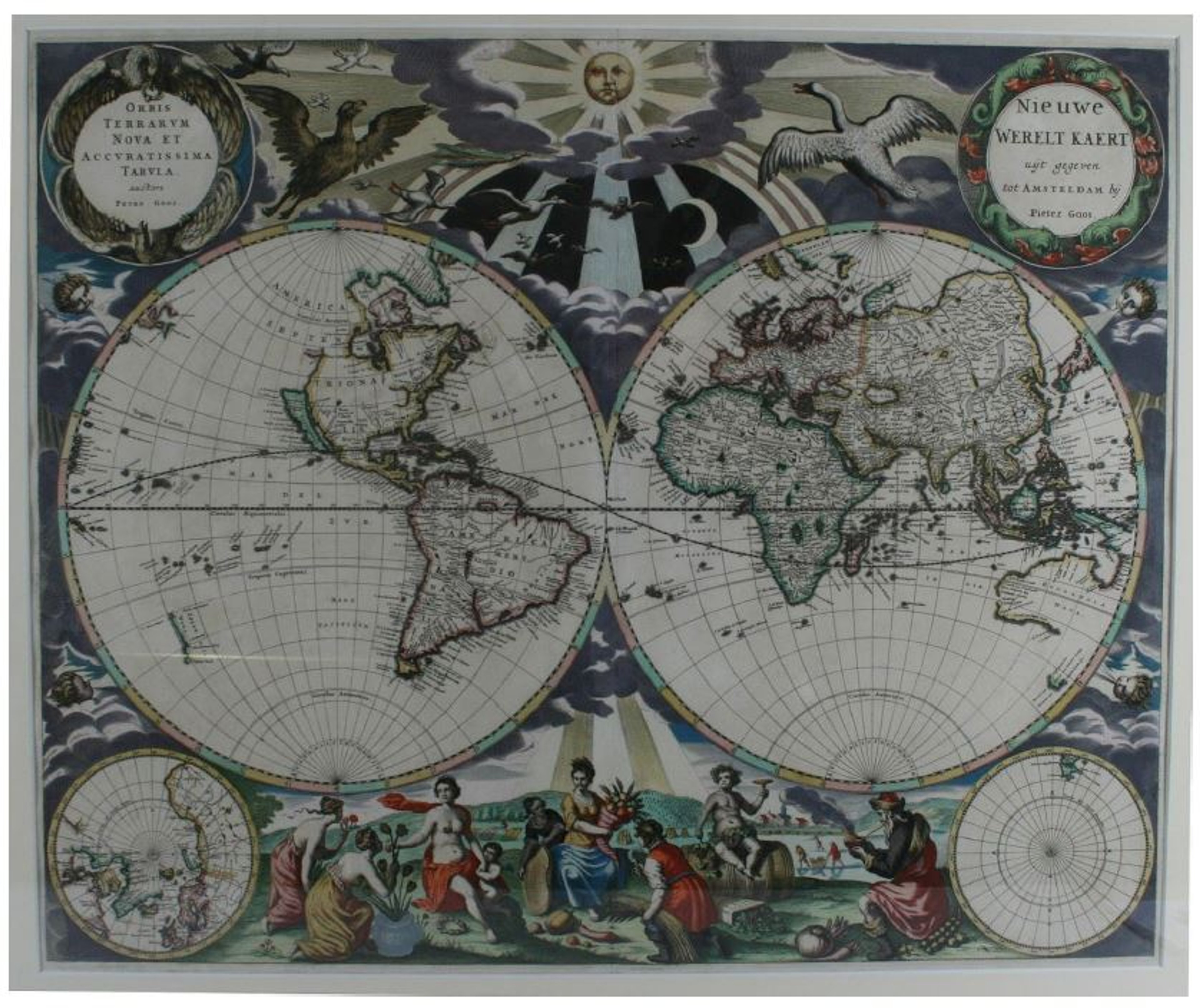 Preview of Abraham Goos' double hemisphere world map: Orbis Terrarum Nova et Accuratissima Tabula. Adorned with delicate illustrations and cartouche around the spheres.
