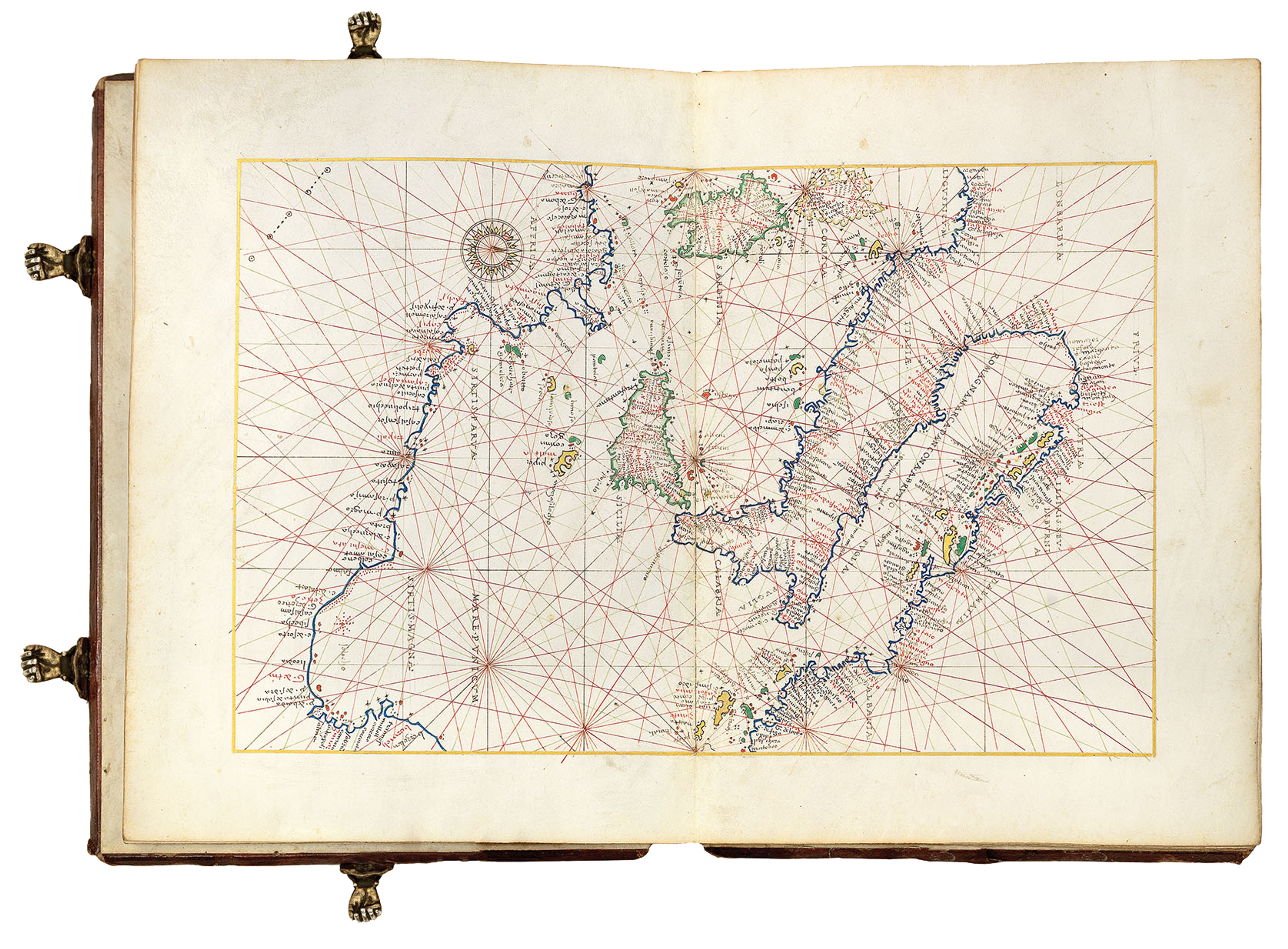A two-page spread from a portolan atlas with a compass rose on the top left. The map is very detailed and finely drawn by hand showing Italy and part of the Mediterranean Sea. Many rumblines are featured on the map. The names of cities and town are written in tiny letters perpendicular to the coastline. The compass rose is finely drawn with a red central dial.