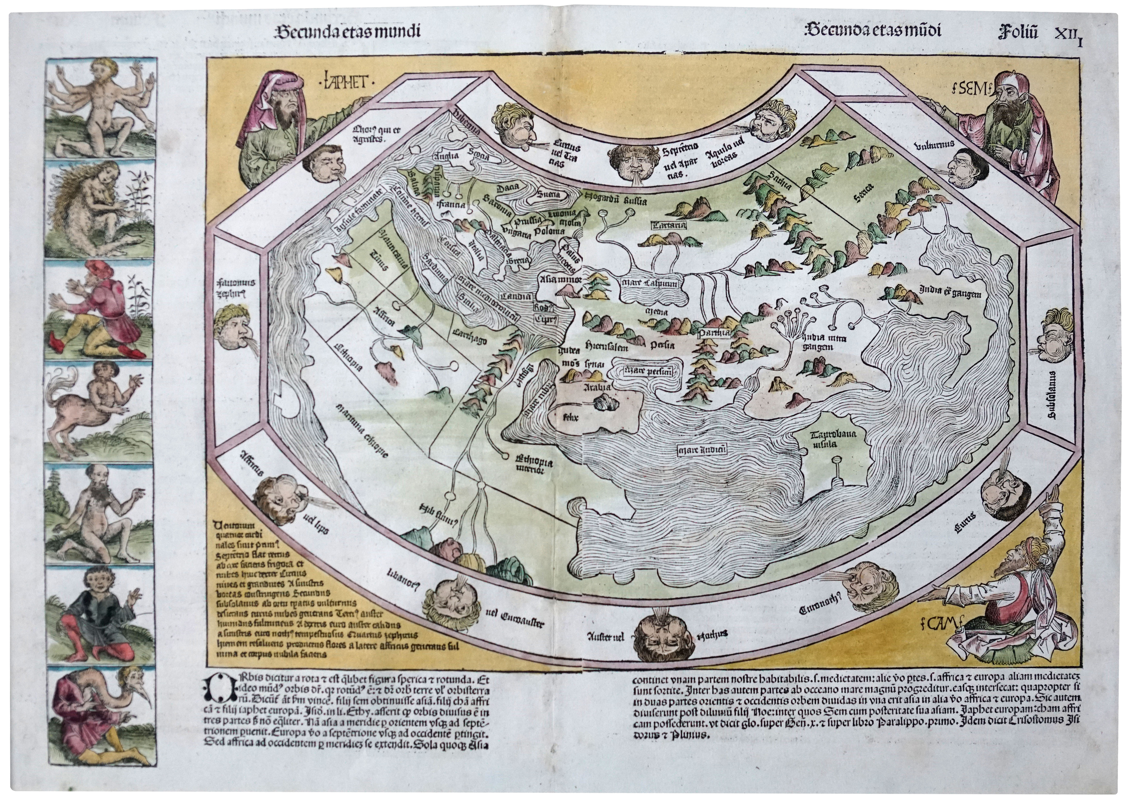 Ptolemaic World by Hartmann Schedel, part of the Nuremberg Chronicle. There are 12 Windheads surrounding the Earth, and the map is supported in three corners by the solemn figures of Ham, Shem and Japhet from the Old Testament.