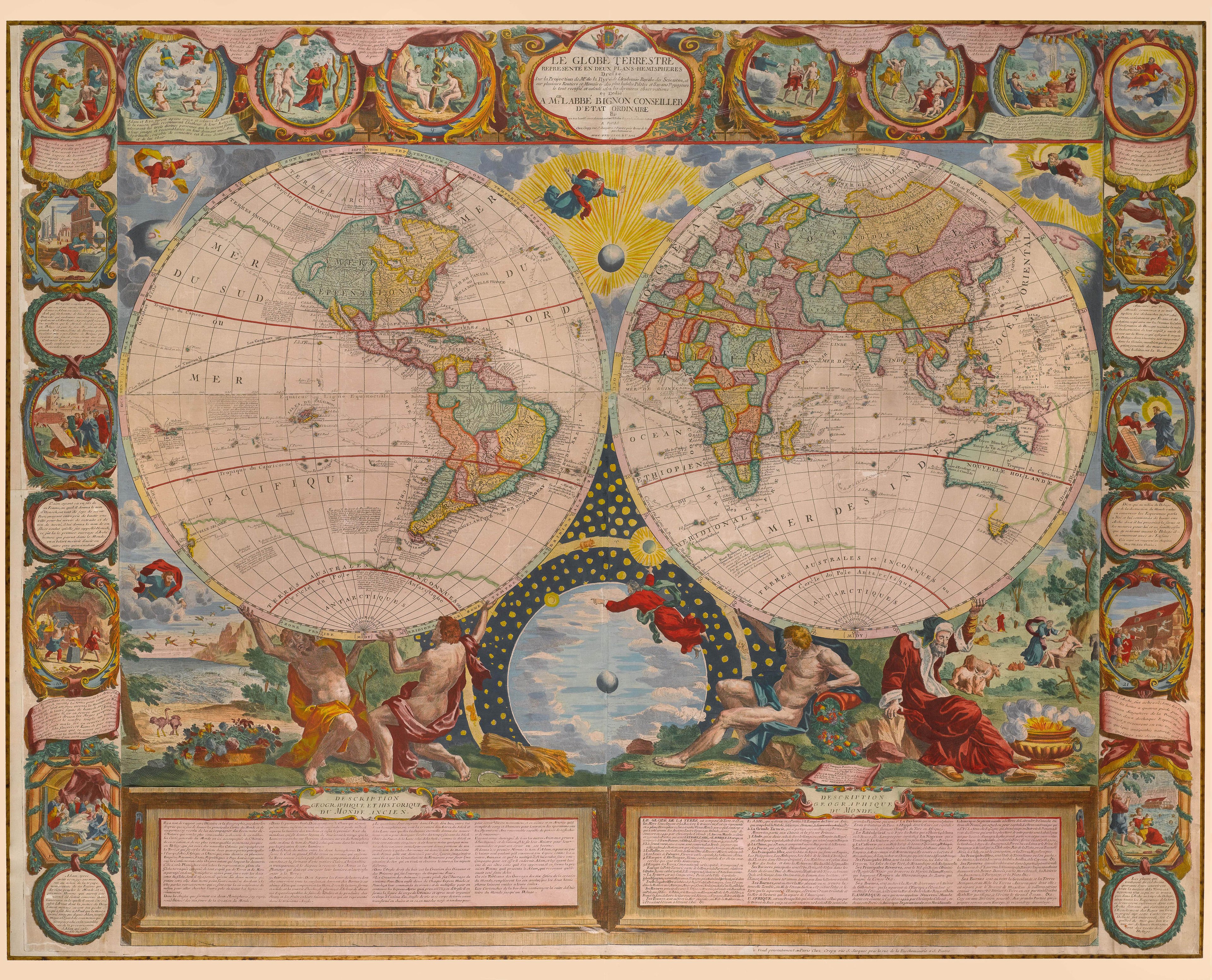 Jean-Baptiste Nolin World Map with stunning colour and illustrations below the the double hemispheres of the map