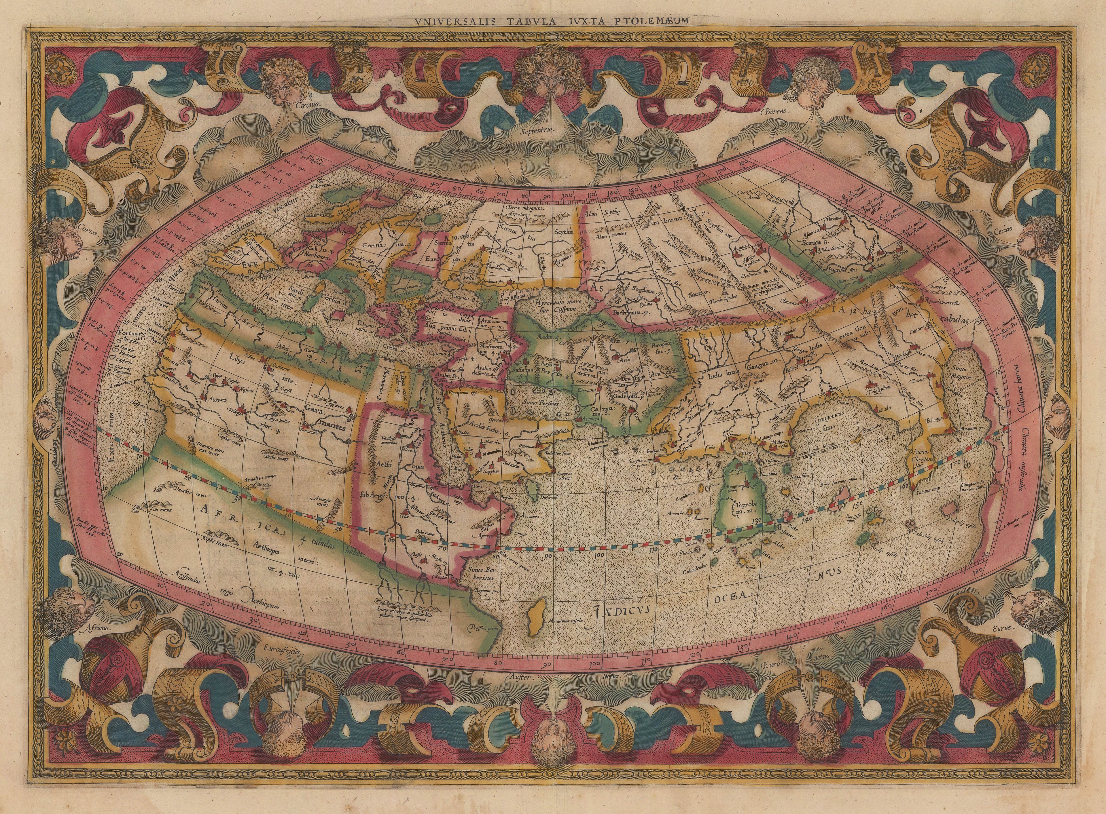 Colourful Ptolemaic World Map with ornate illustrations of 12 Windheads around the outside of the map