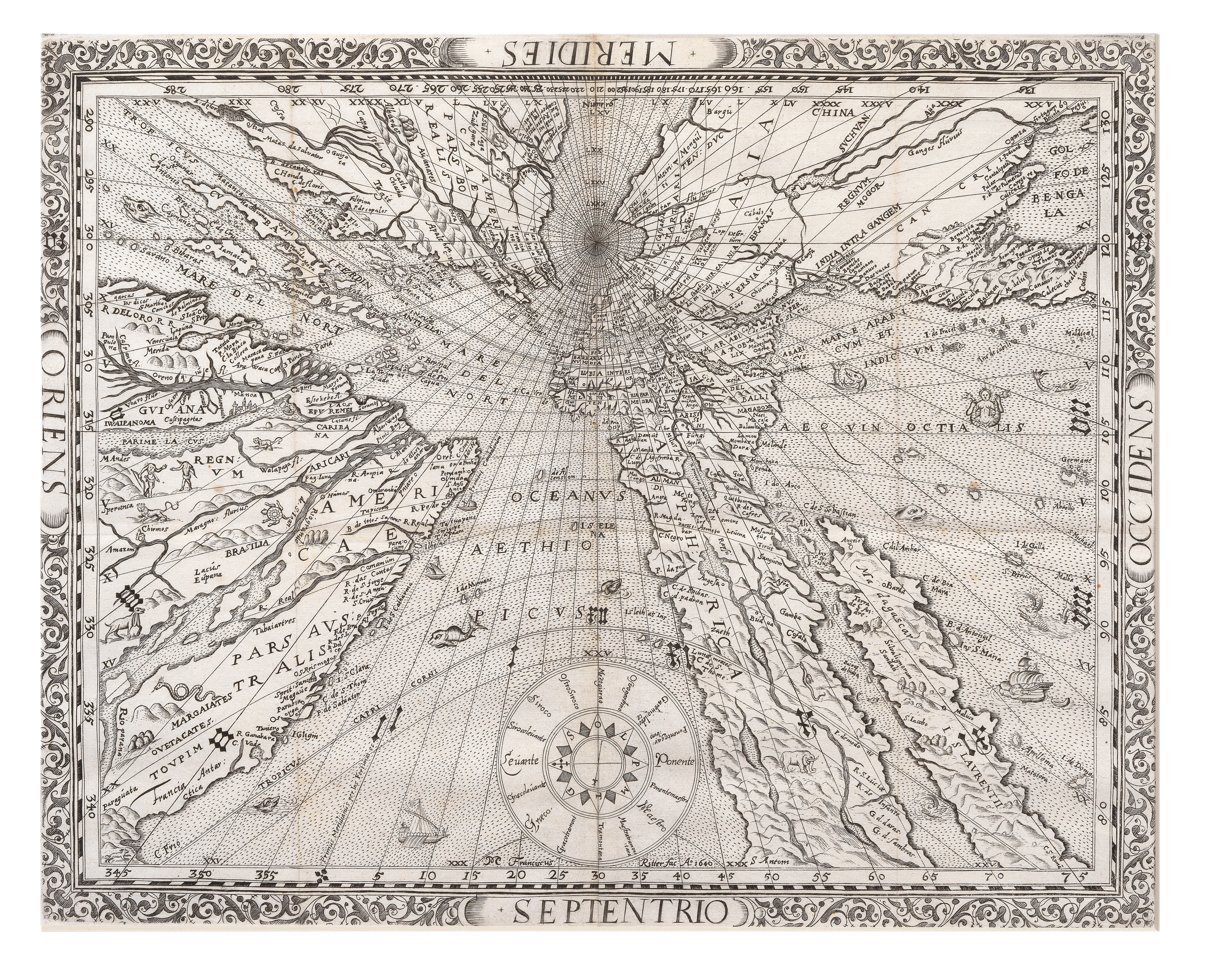 Franz Ritter's sundial map or gnomoic projection, centred on the North Pole