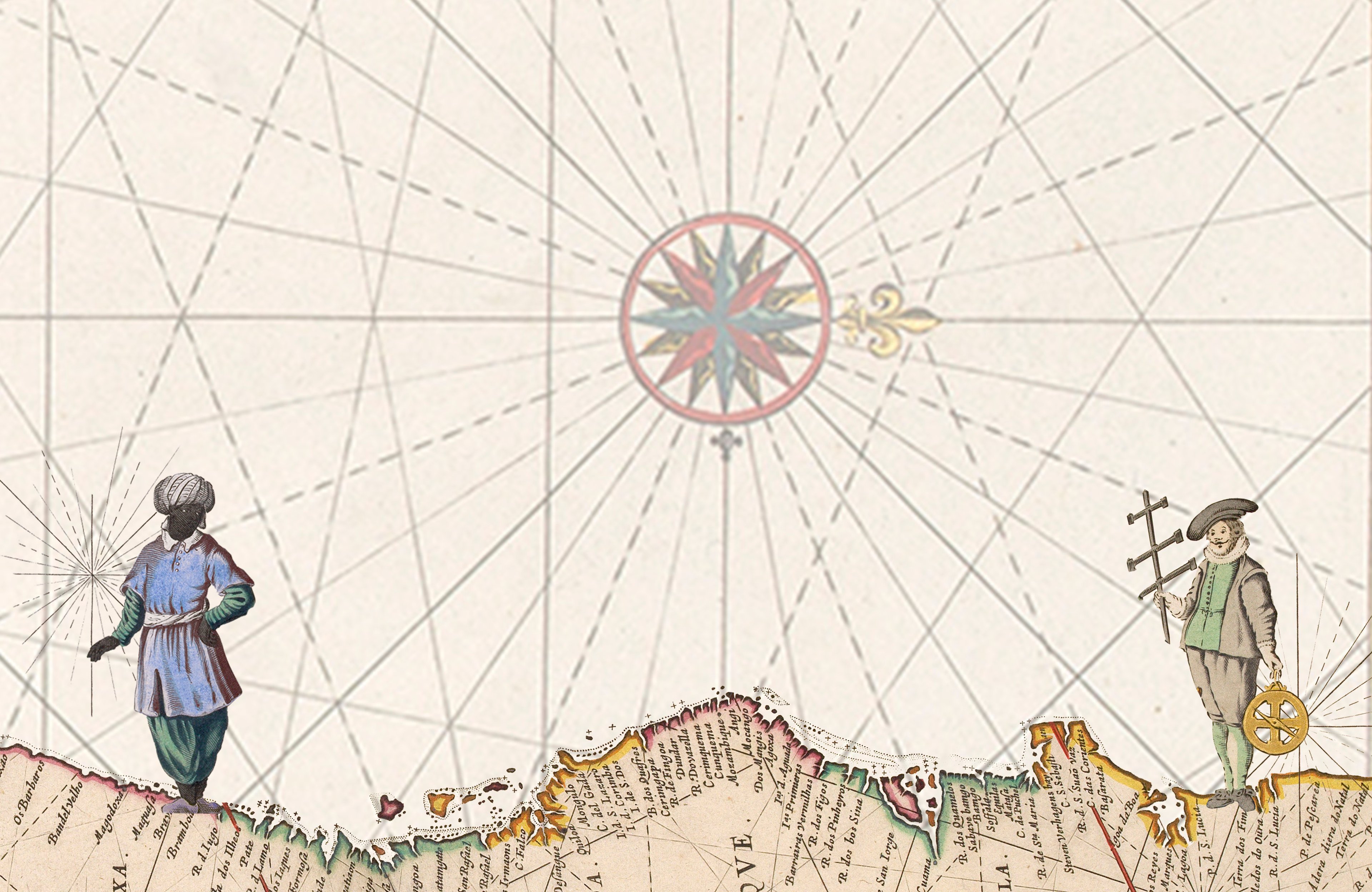 Image made using elements of old maps - two figures at either side of the image on a coastline with a compass and rhum lines in the background. In the left side of the image, a black figure wears a blue/purple smock and green trousers with a white headdress, and in the right side of the image a white map in traditional 18th century Dutch clothing (a green top with a white ruff, and mole coloured breeches and jacket) and a black hat holds an astrolabe and another navigational instrument.