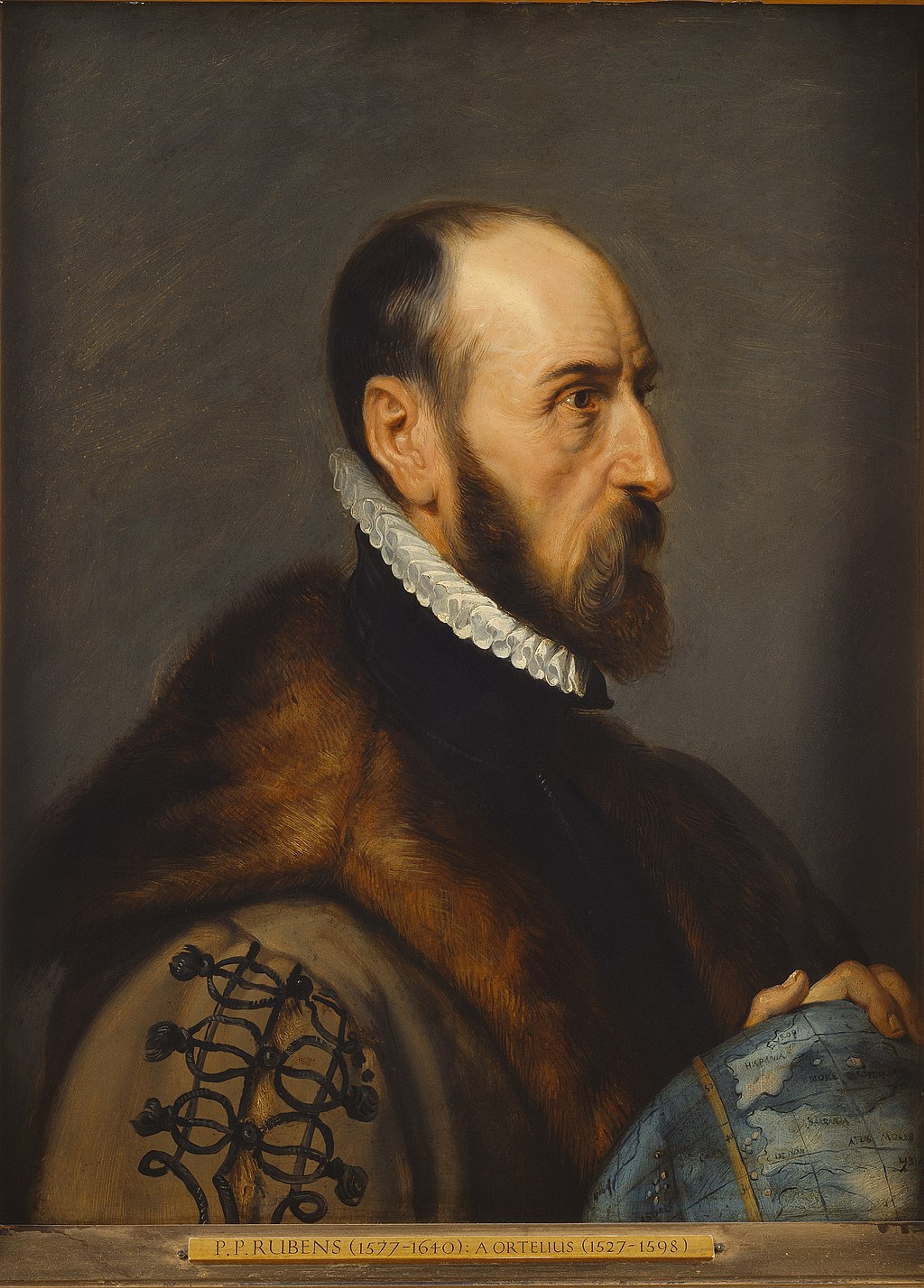 Colourful side profile portrait of Abraham Ortelius, a man with very short hair and holding a globe.