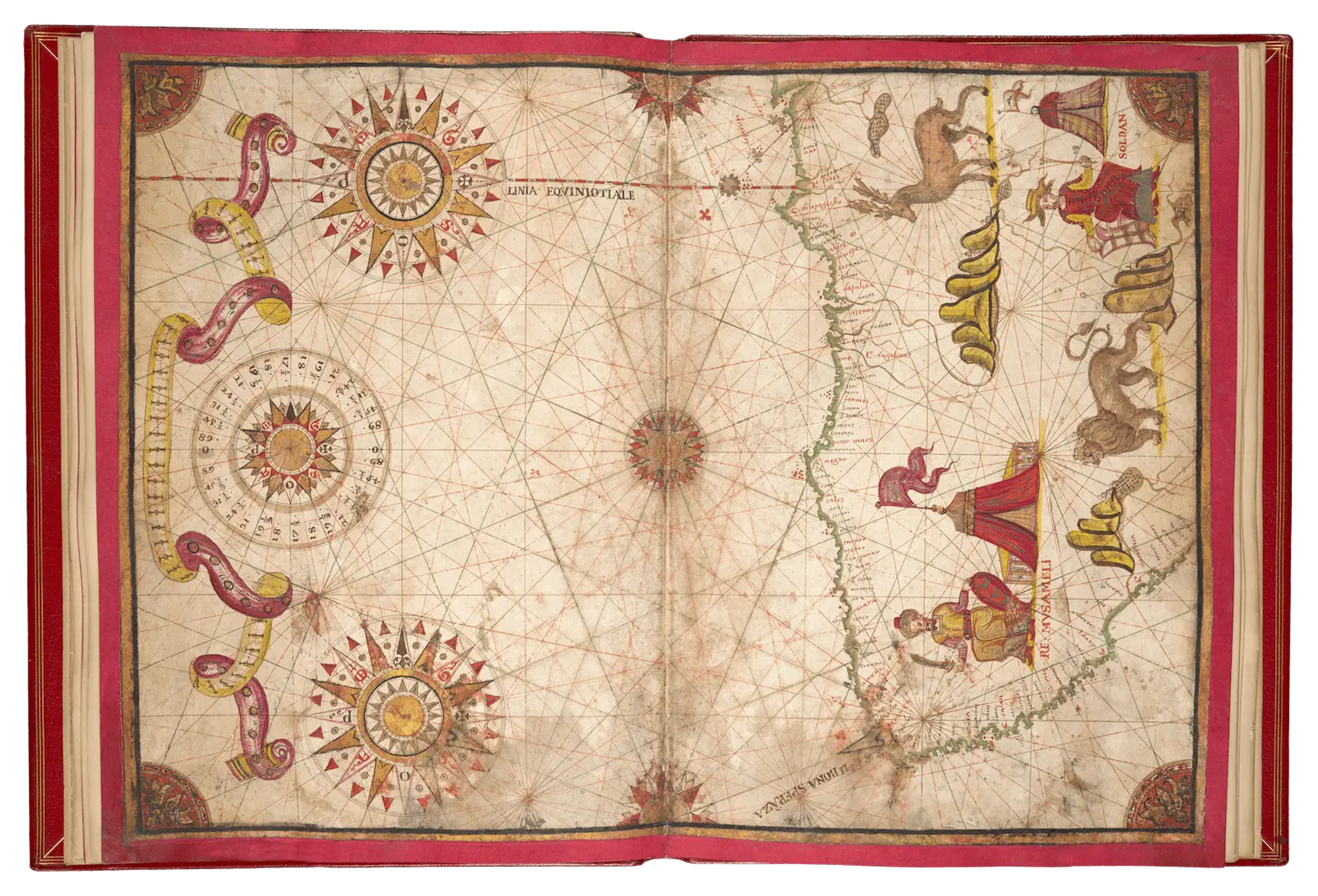 Preview of Cadamosto Portolan atlas, with stunning illustrations in reds and golds