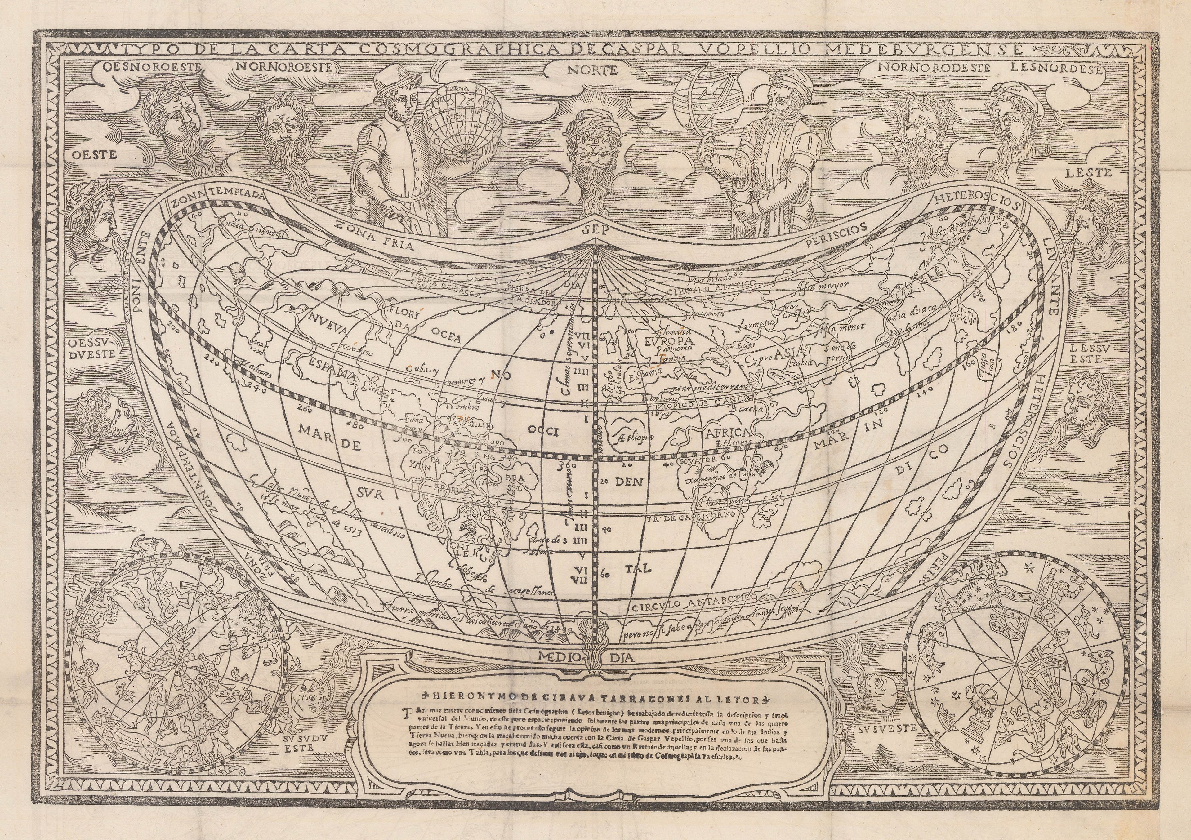Wood block print of Girava world map