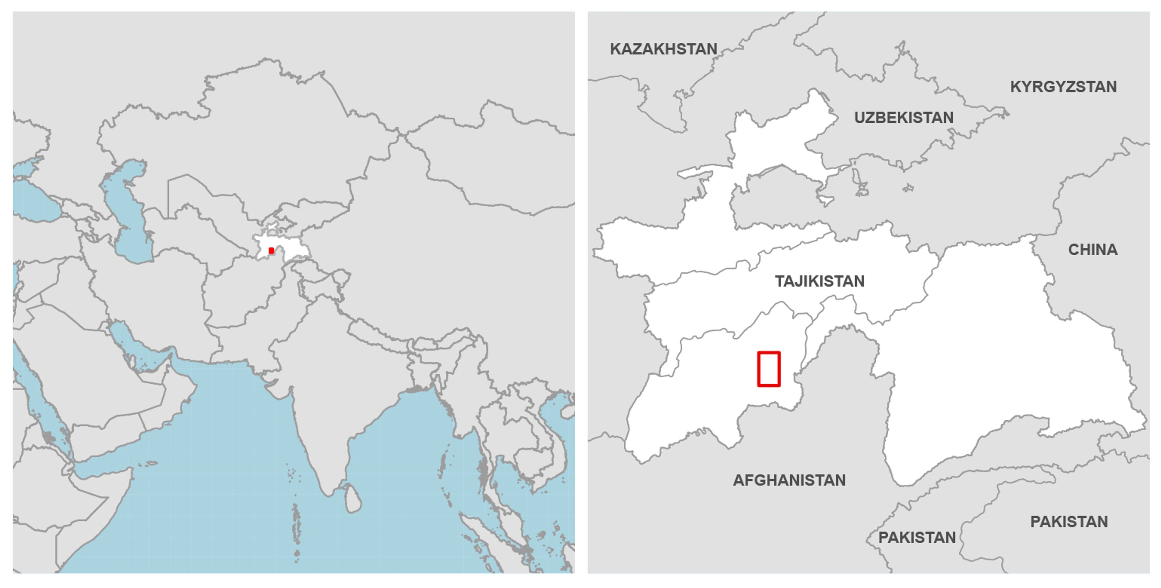 Left - a map showing Western Asia and centring on Tajikistan. Right - close up map of Tajikistan with a red square to highlight location of Kulob in the Khatlan Region.