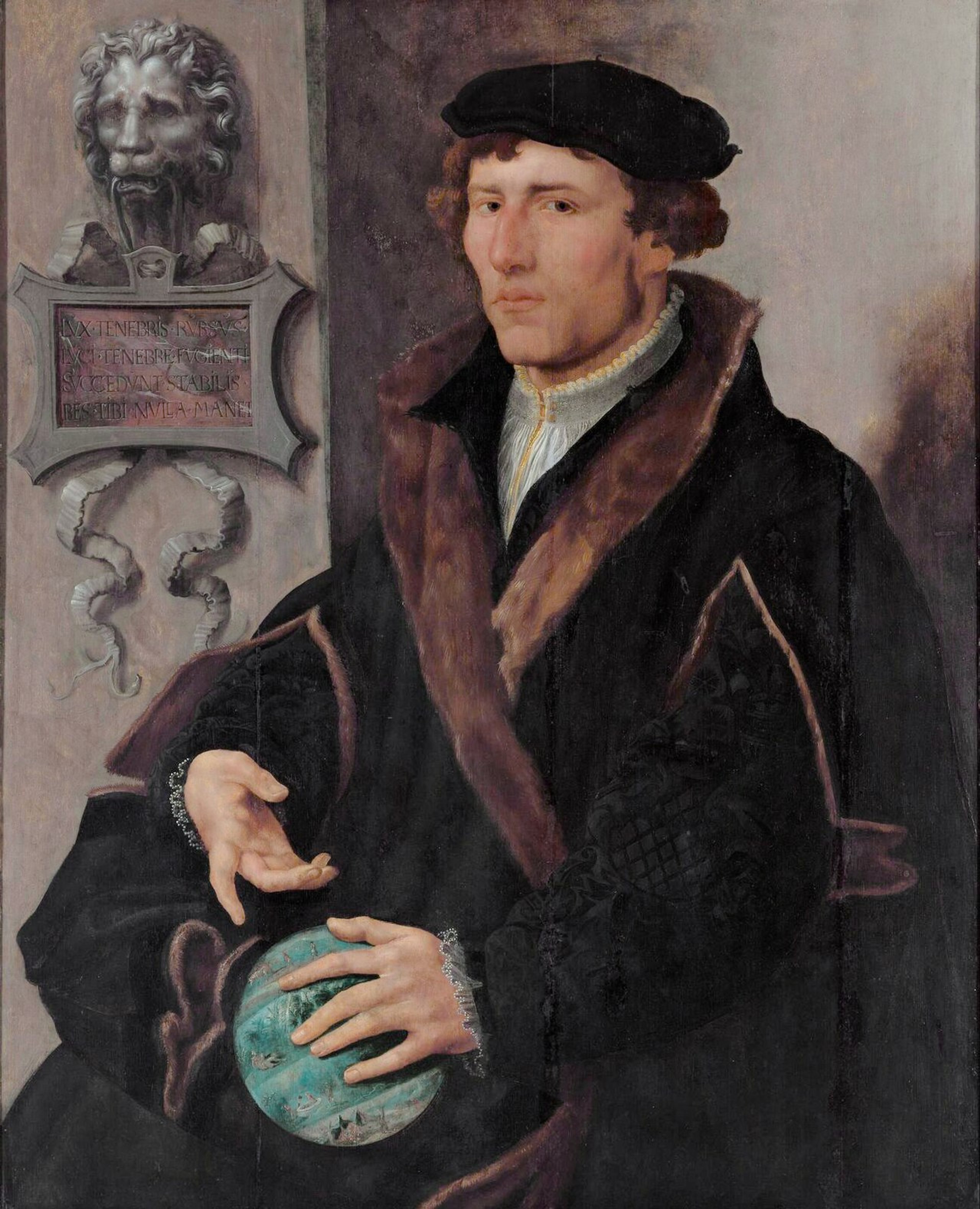 Colourful upper body painted portrait of Reinerus Gemma Frisius. A man with short brown hair wearing a dark coat and a hat. In his hands, he has a small globe. 