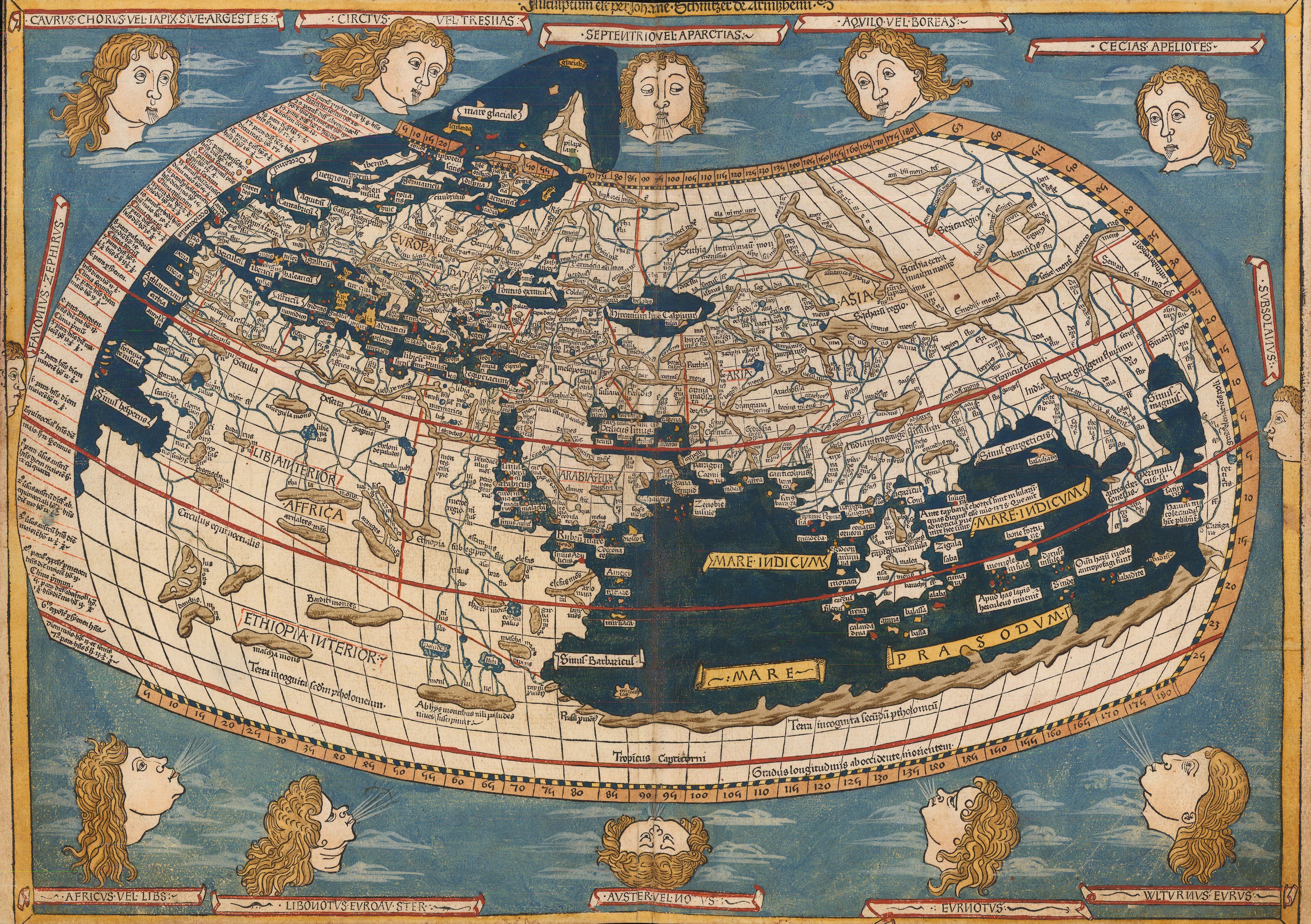 Ptolemaic World Map printed from a woodcut by Lienhart Holl, set against a blue sky with clouds surrounding the maps. There are 10 Windheads around the Earth.