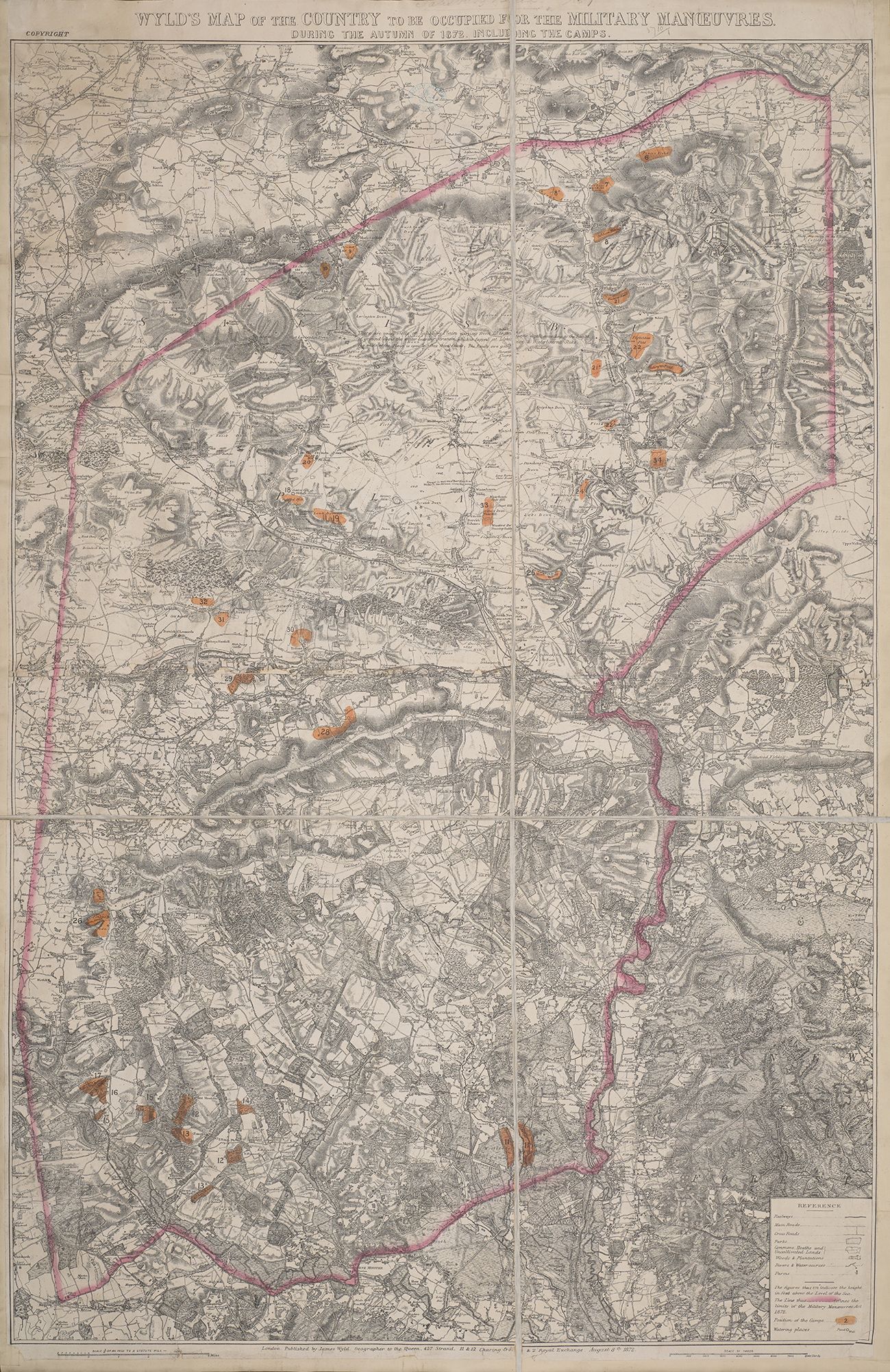 Large and highly detailed 19th century map of Salisbury Plain with a pink outline to show the boundary of the Military Manoeuvres Act of 1872. Orange shapes mark the locations of Army Camps