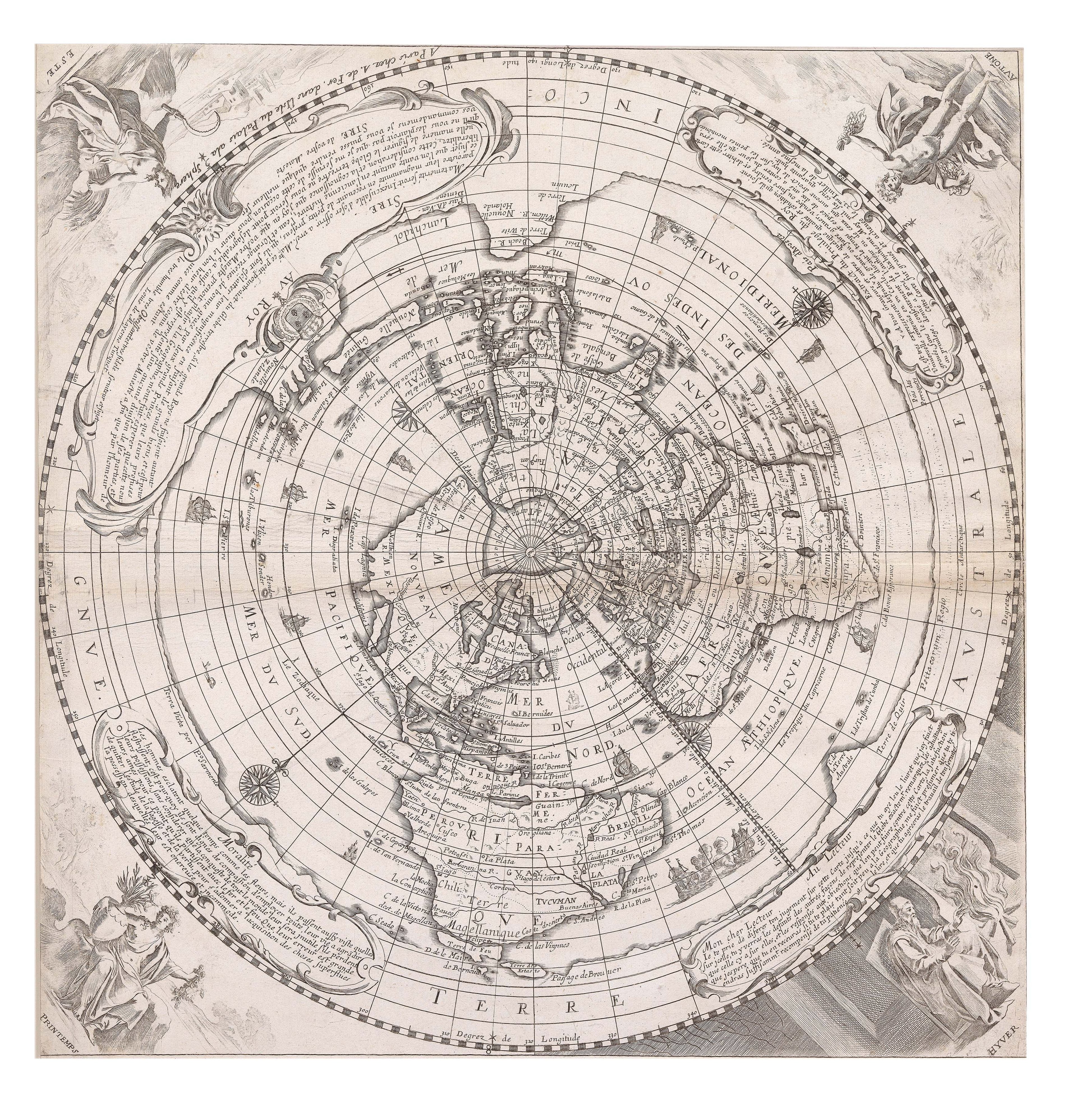 Louis de Mayerne Turquet, Untitled world map on a polar Postel azimuthal projection, 1661