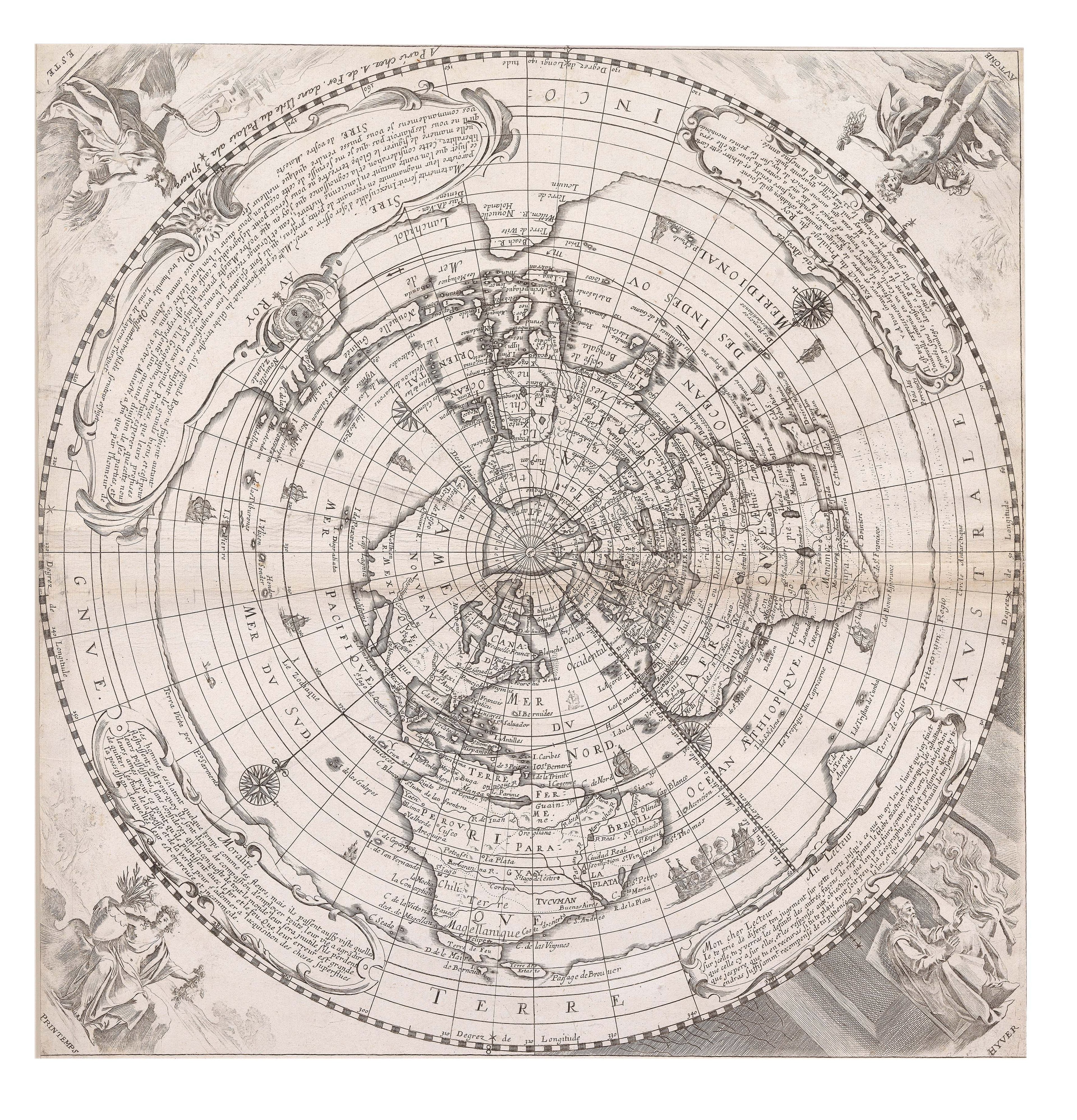 Black and white map of the world on a north polar postel azimuthal projection, surrounded by allegories of the four seasons