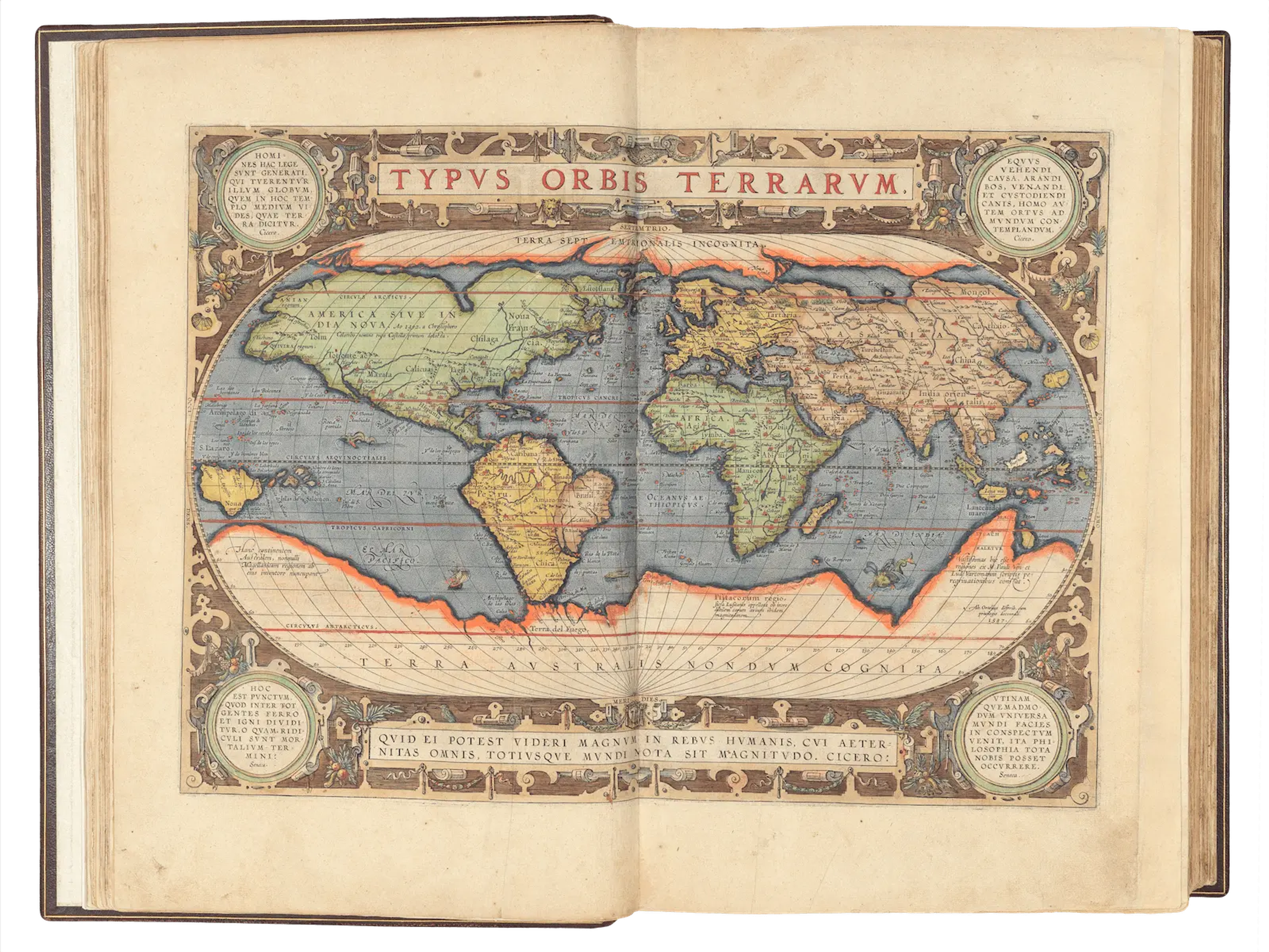 Ortelius' world map on an oval projection from his atlas