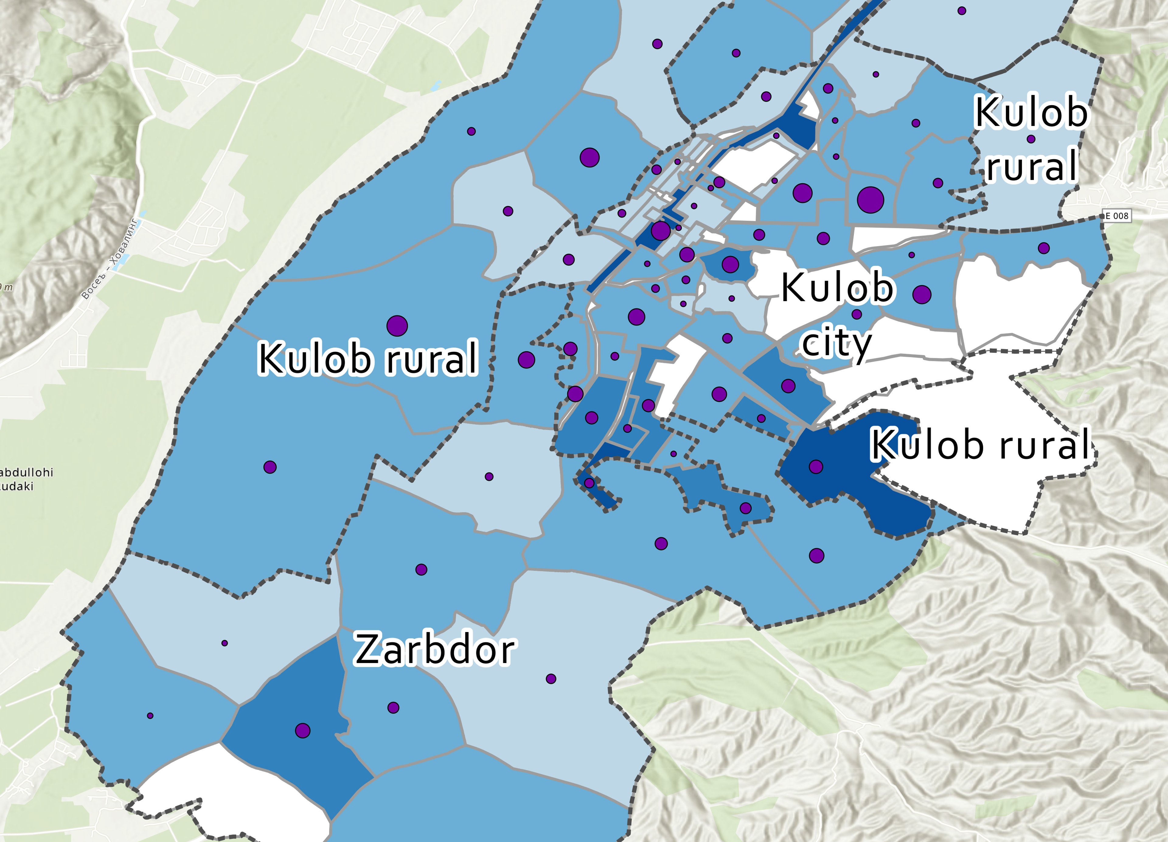 Detail of map covering the Kulob region in southern Tajikistan. The map shows TB infection rates across the healthcare districts which are colour coded with different shades of blue, and purple circles highlight the amount of cases of TB in that area. The area is rural in a valley and surrounded by hills.