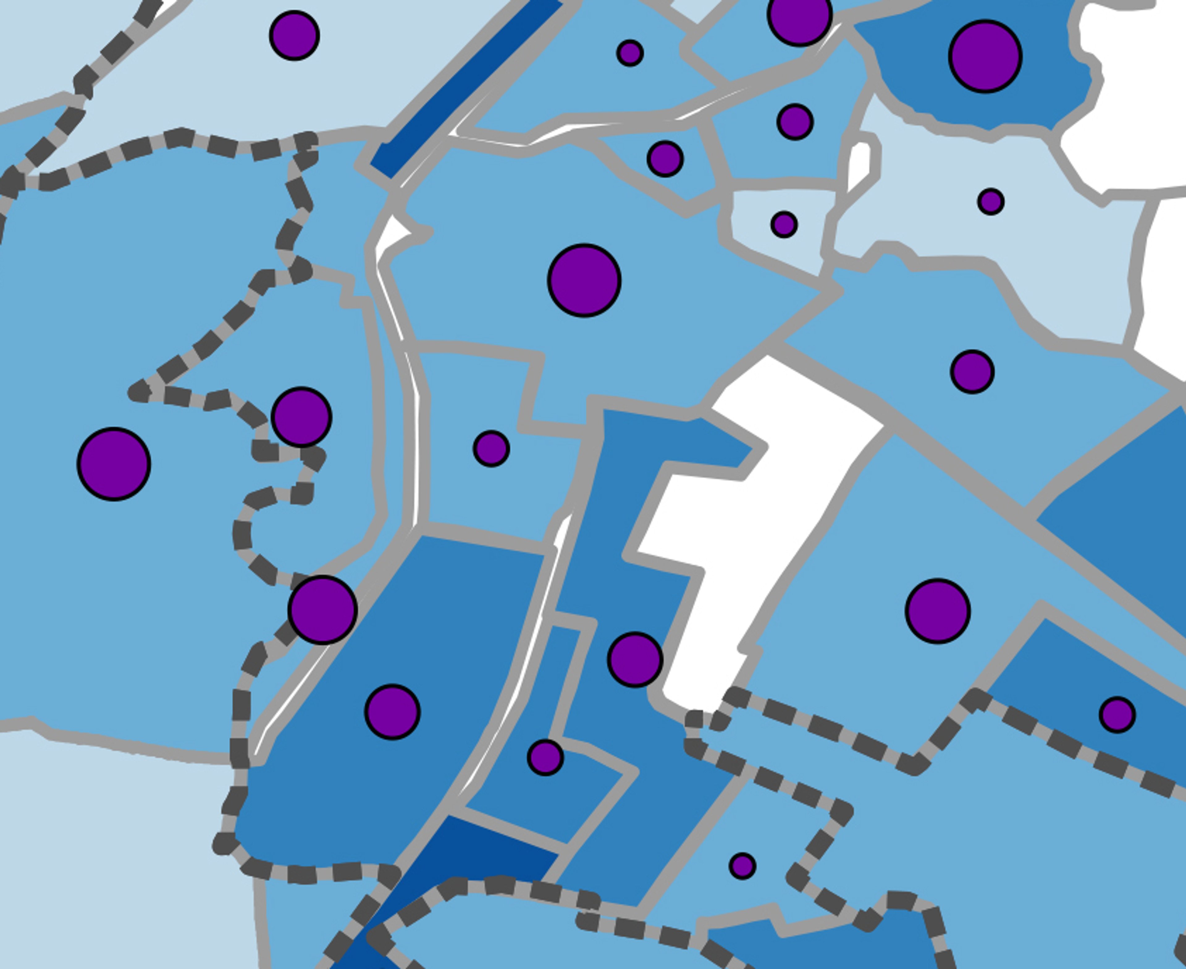 Detail of map covering the Kulob region in southern Tajikistan. The map shows TB infection rates across the healthcare districts which are colour coded with different shades of blue, and purple circles highlight the amount of cases of TB in that area. The area is rural in a valley and surrounded by hills.