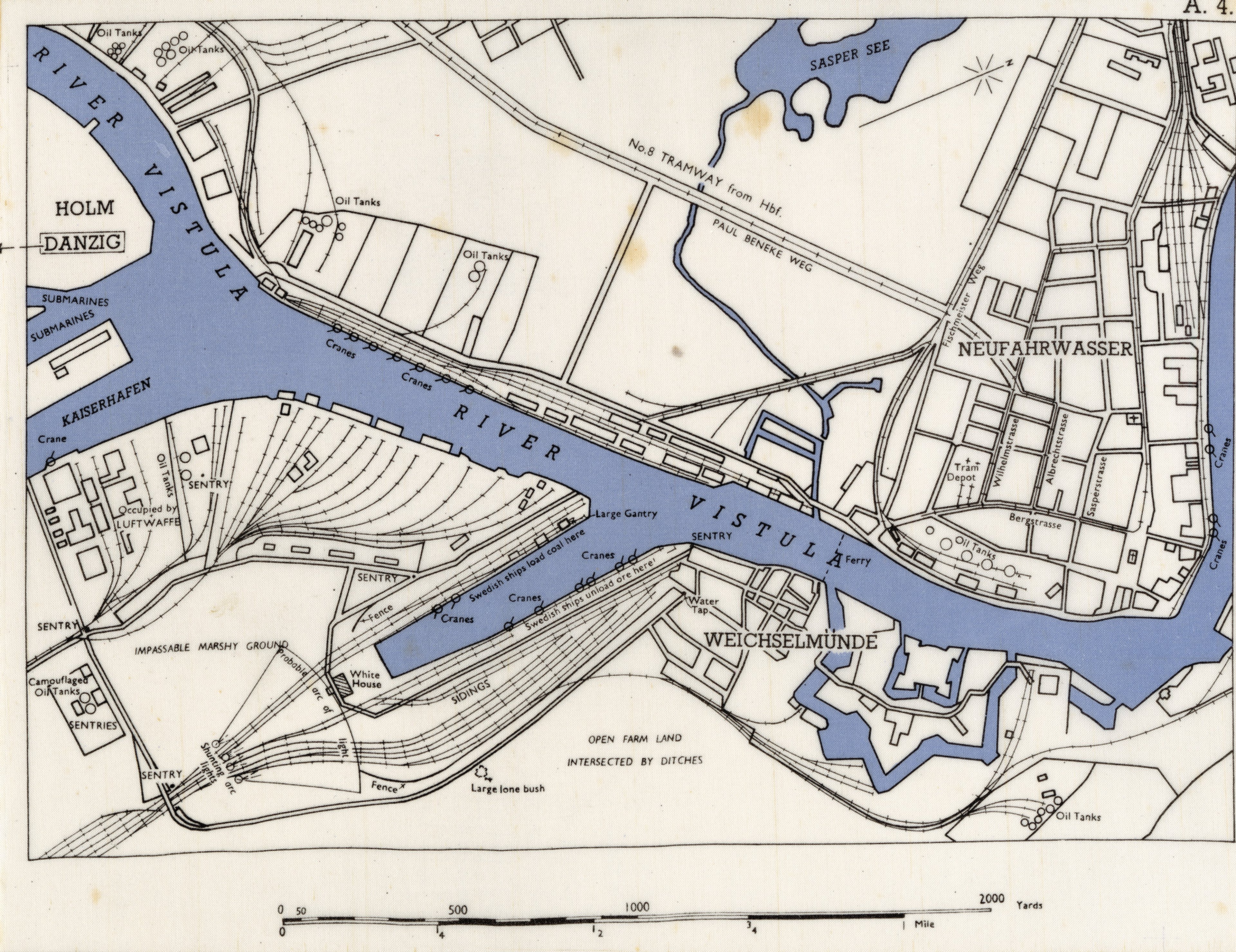 Silk escape map of Polish port of Danzig (Gdansk). The map is oriented northwest at the top.