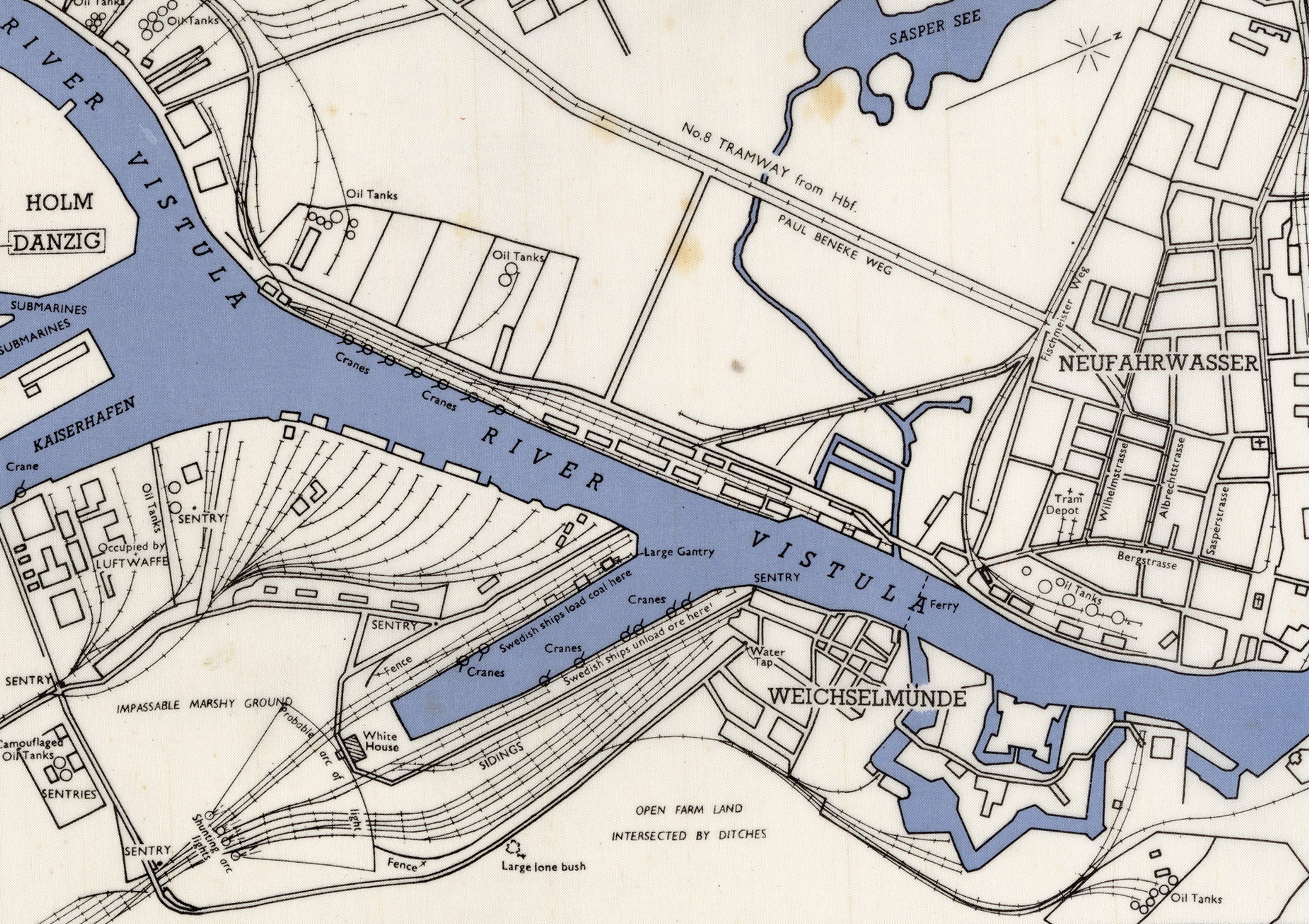 Silk escape map of Polish port of Danzig (Gdansk). The map is oriented northwest at the top.