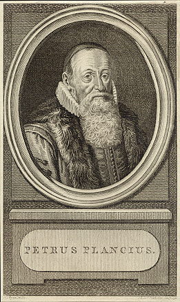 Oval framed black and white portrait of Petrus Plancius, a man with a long beard. Text beneath the frame reads: Petrus Plancius.