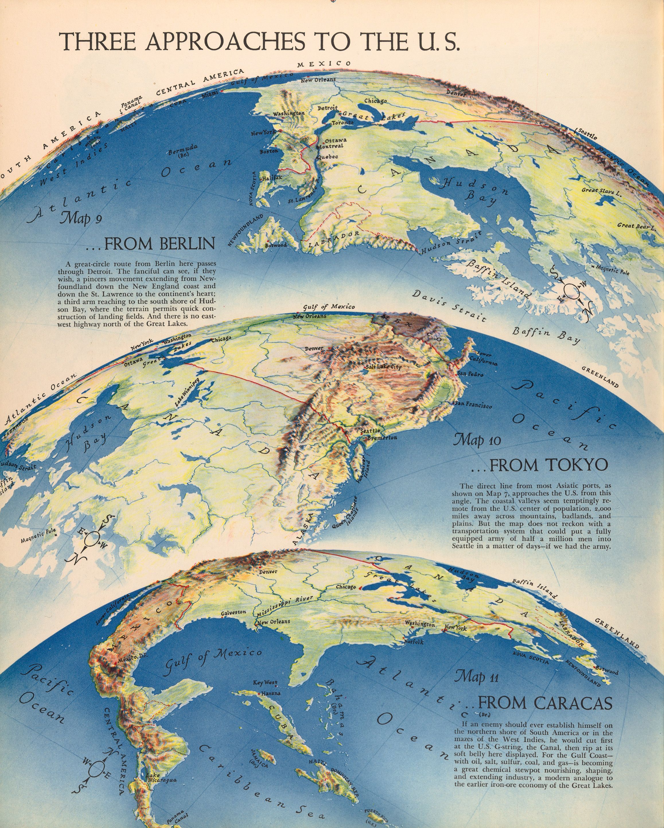 A curved projection of the earth showing the USA, illustrating 3 potential enemy attack routes from Berlin, Tokyo, and Caracas.