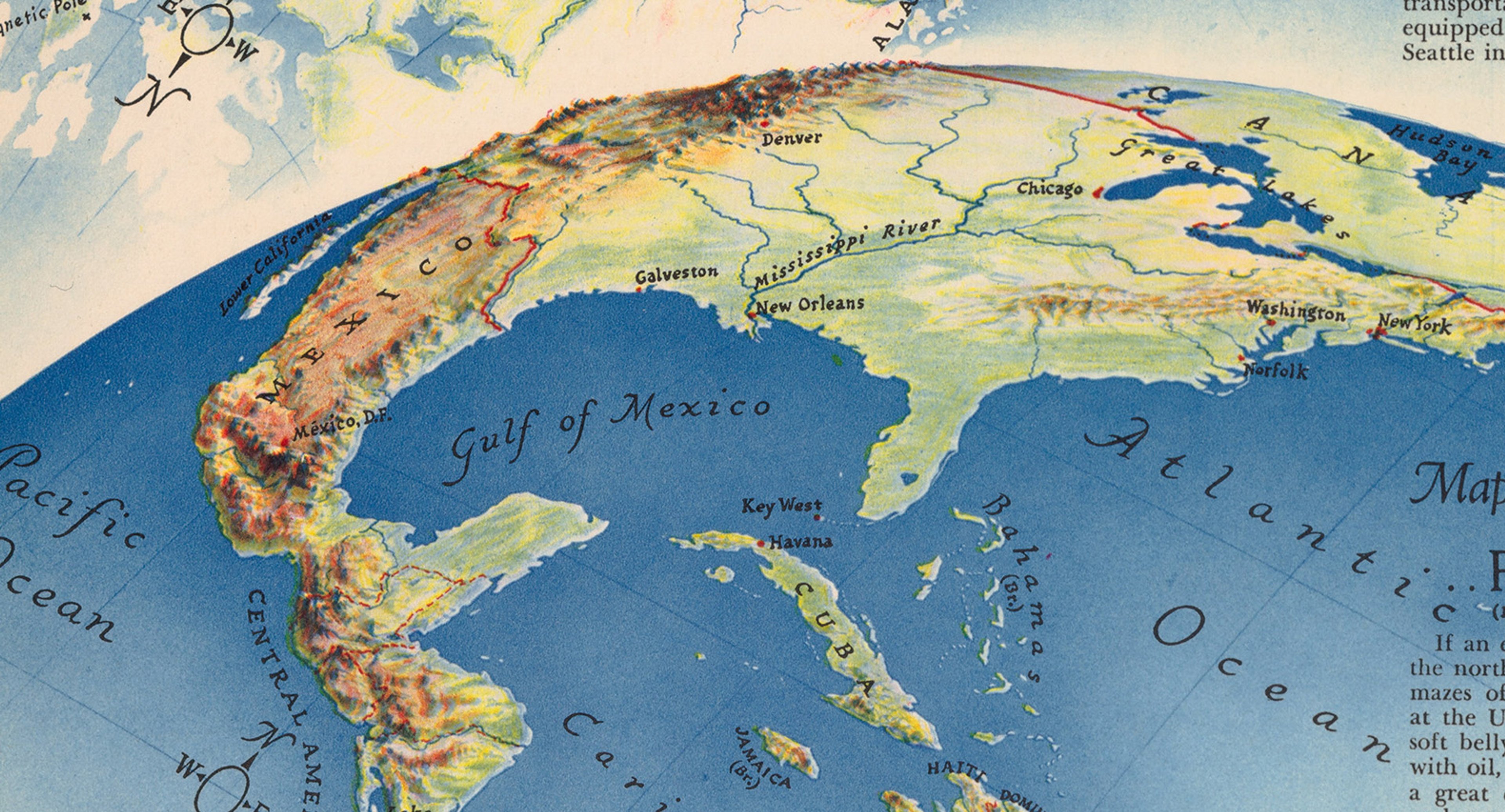 A curved projection of the earth showing the USA, illustrating 3 potential enemy attack routes from Berlin, Tokyo, and Caracas.