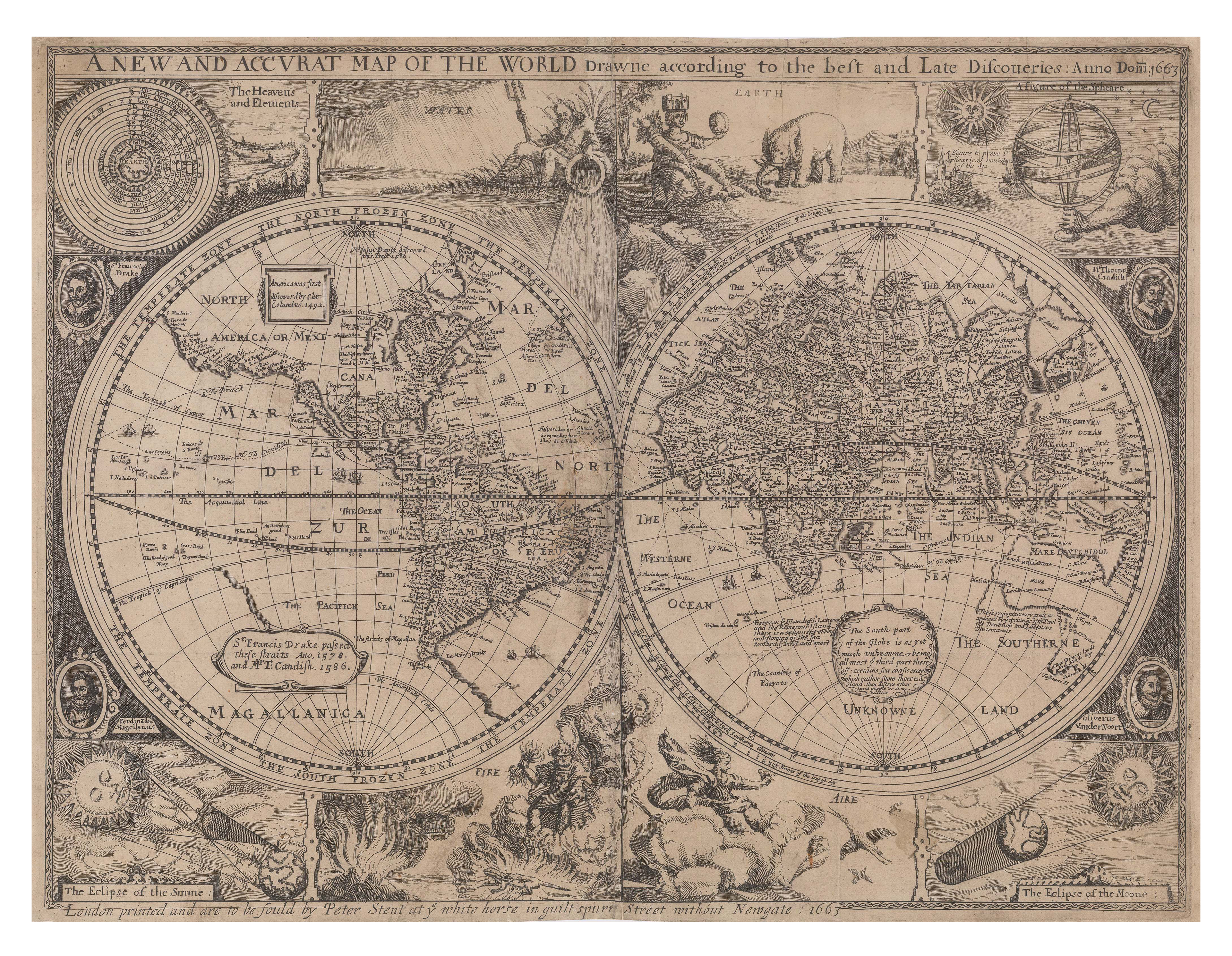 An example of the Mercator projection and also a hemisphere projection in one map. This is a black and white map by Stent, based on an earlier work by Speed, showing the whole world in the East and West Hemispheres. Around the edges of the map are cosmological illustrations, in addition to illustrations of the four elements.