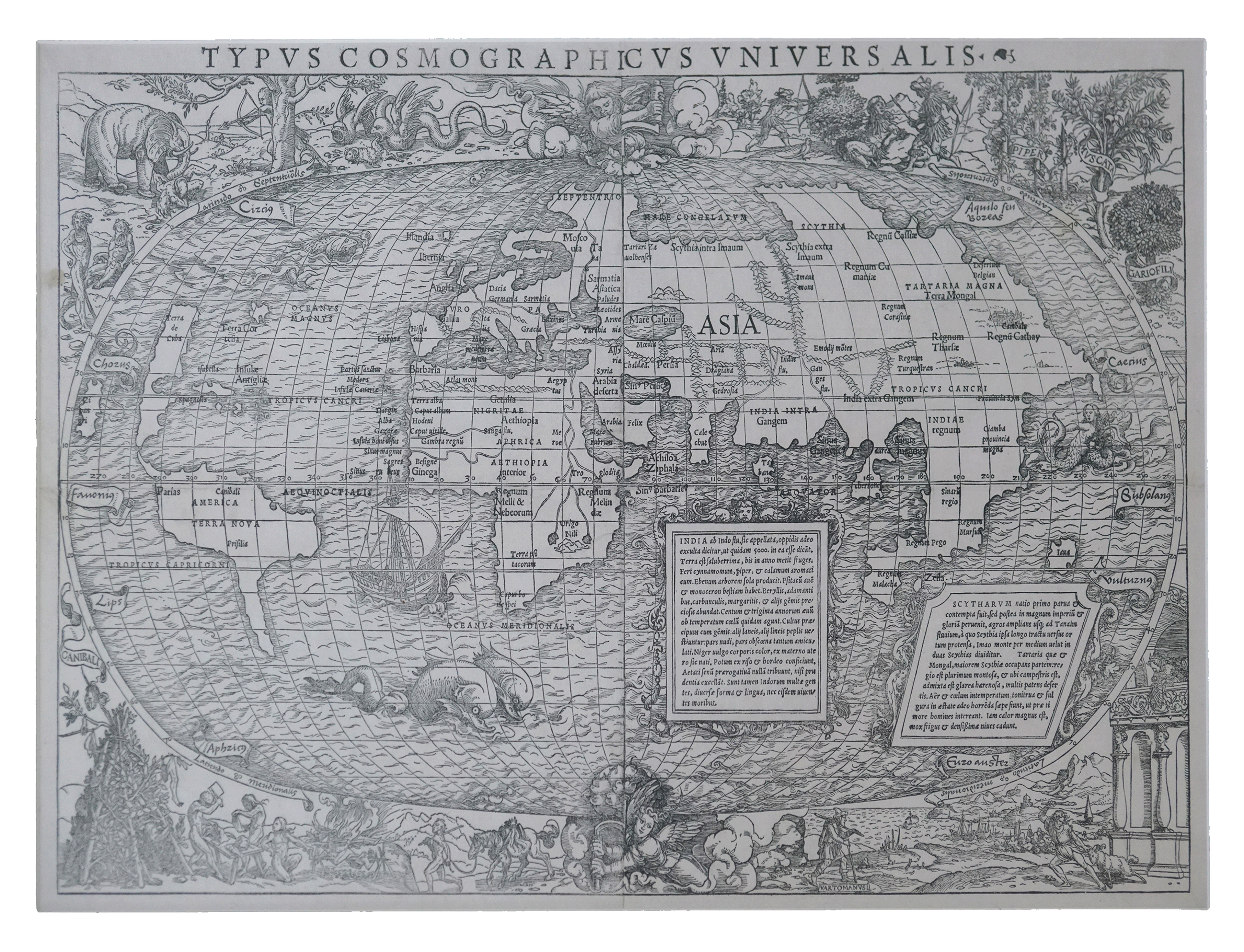 A black and white oval world map with several panels of text and embellished borders. The illustrative map features pictorial elements including sea monsters, wild animals and even some more curious figures.