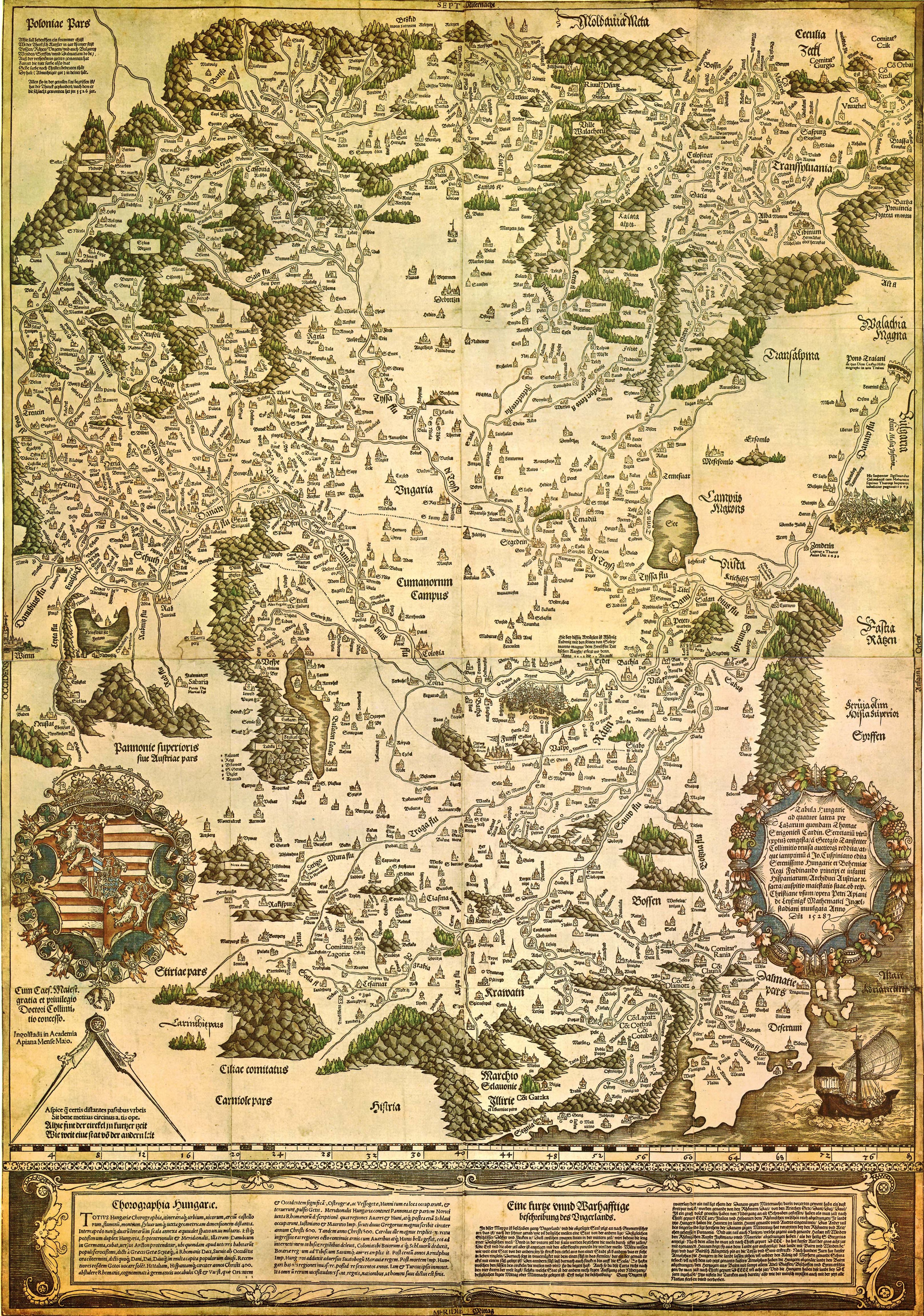 An image of the oldest printed map of Hungary. A portrait map which shows the region with topographical illustrations and names of places, with two large decorative frames containing a crest and a dedication and a panel of text below.