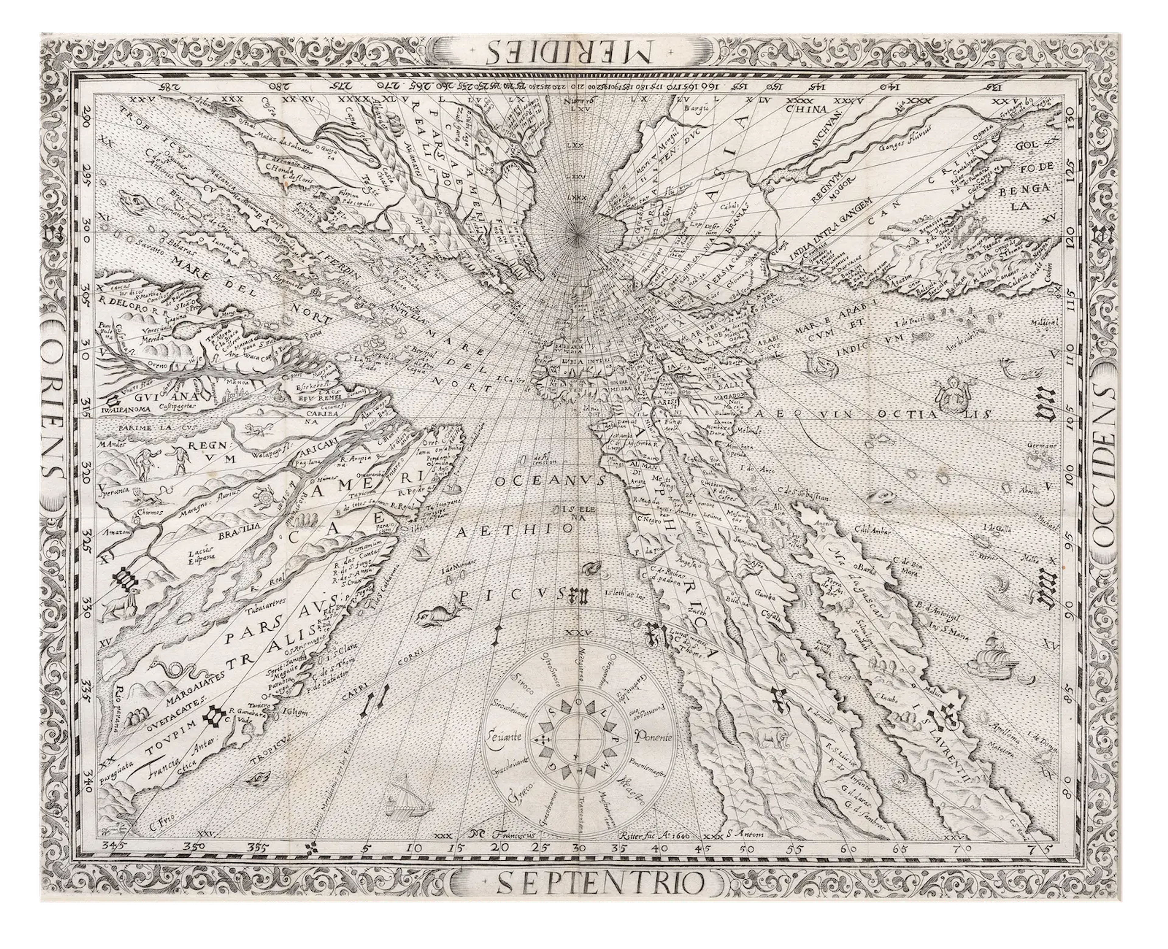 Franz Ritter's sundial map or gnomoic projection, centred on the North Pole