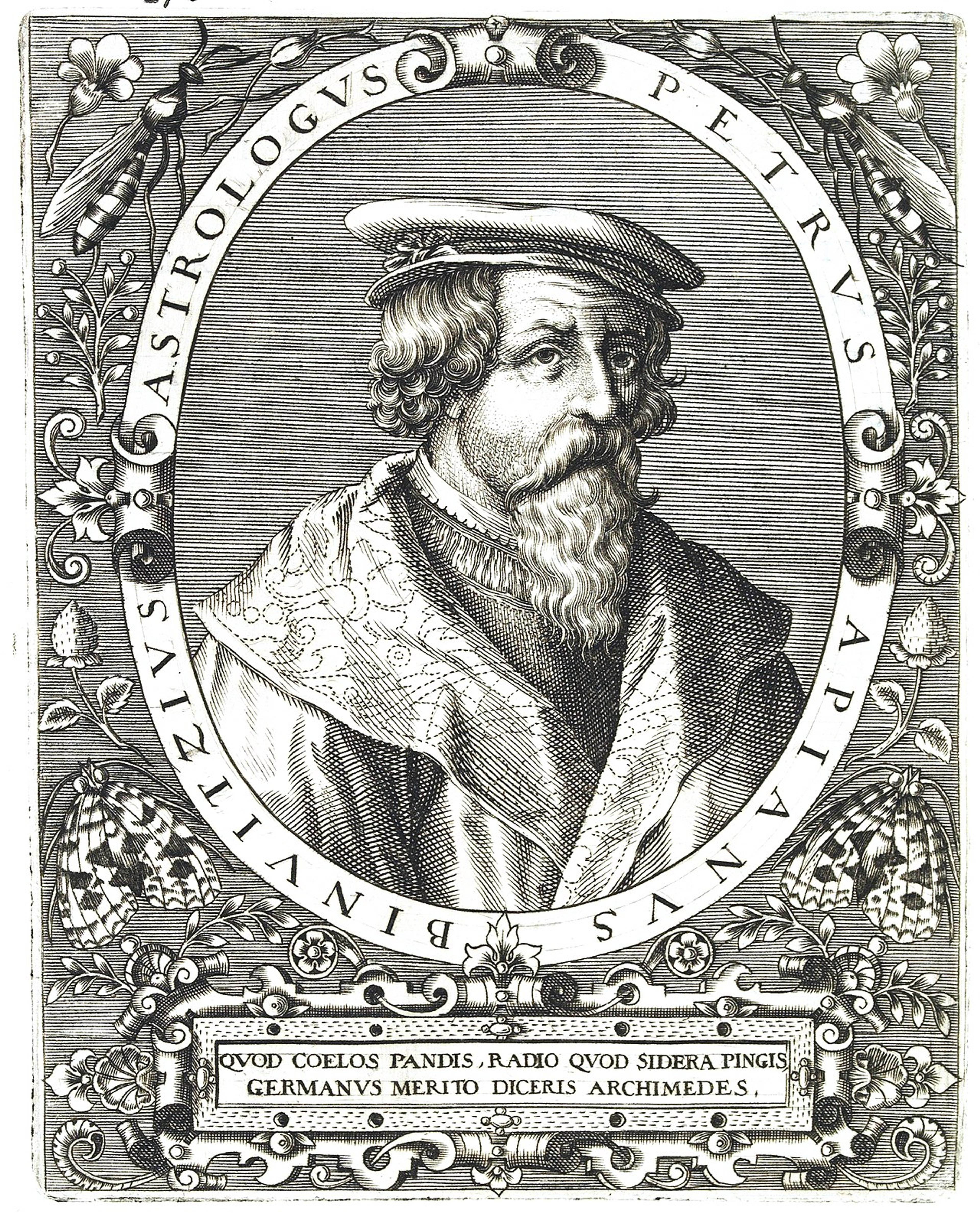 Black and white portrait of Petrus Apianus in an oval frame, a man with a beard and short dark hair. He is wearing a hat and robes. Around the outside of the oval frame there are decorative illustrations of insects and flowers.