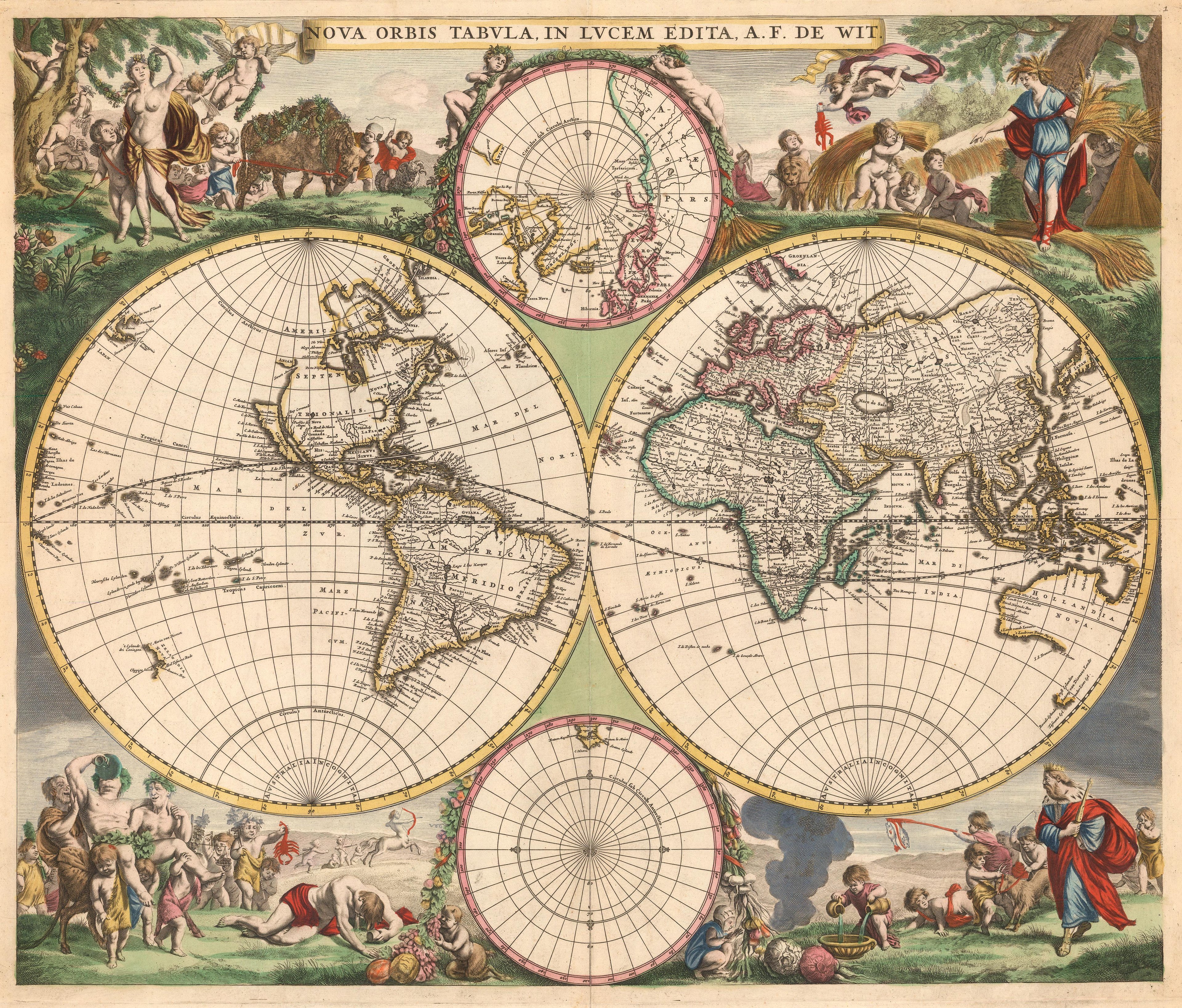 Frederick de Wit's Double Hemisphere World Map, Nova Orbis Tabula, with stunning illustrations around the outside of the maps.