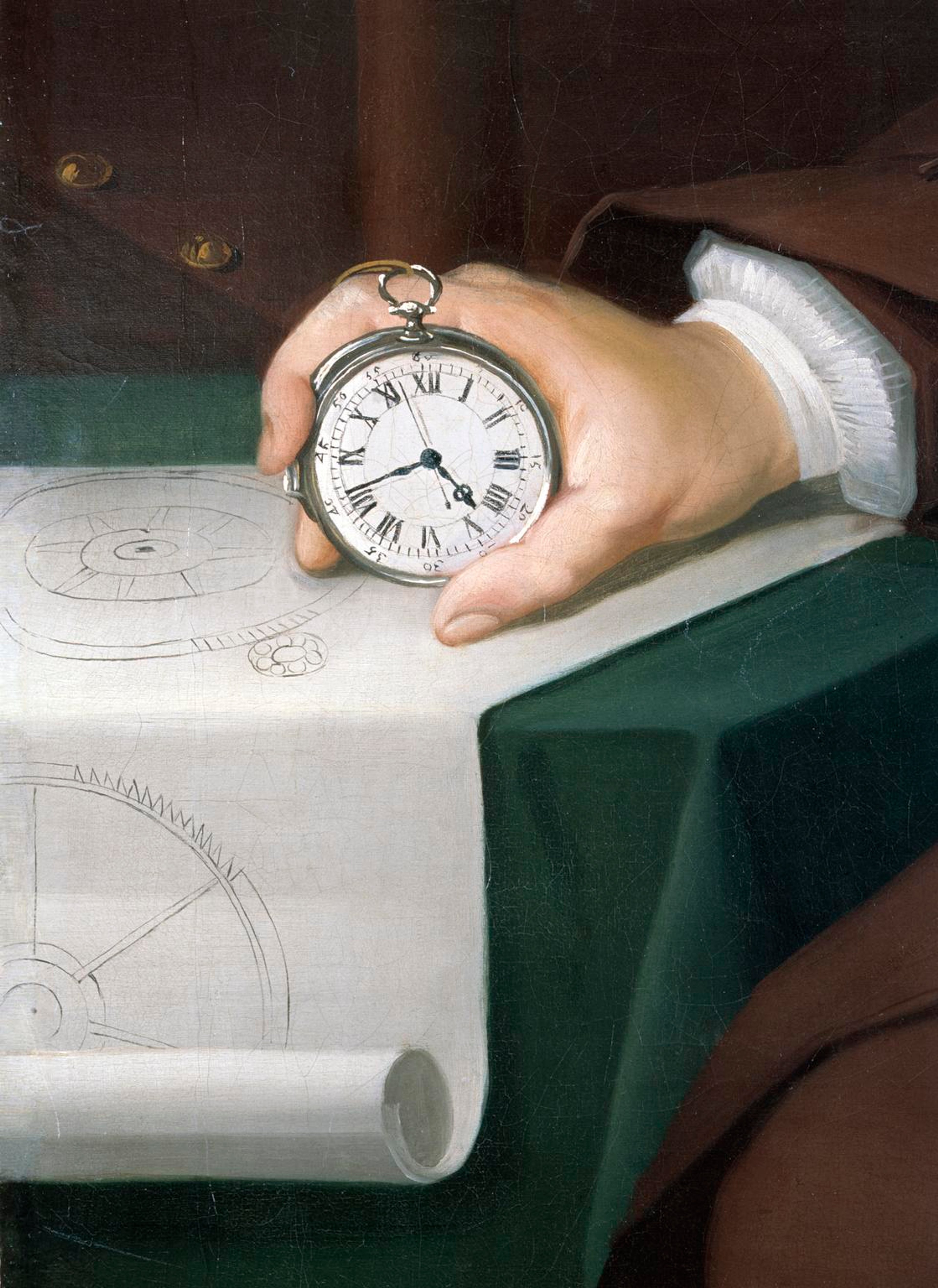 Detail of an oil painting of John Harrison, showing the marine chronometer he invented. A hand holds the clock on a table and on top of a roll of paper featuring sketches of the invention.