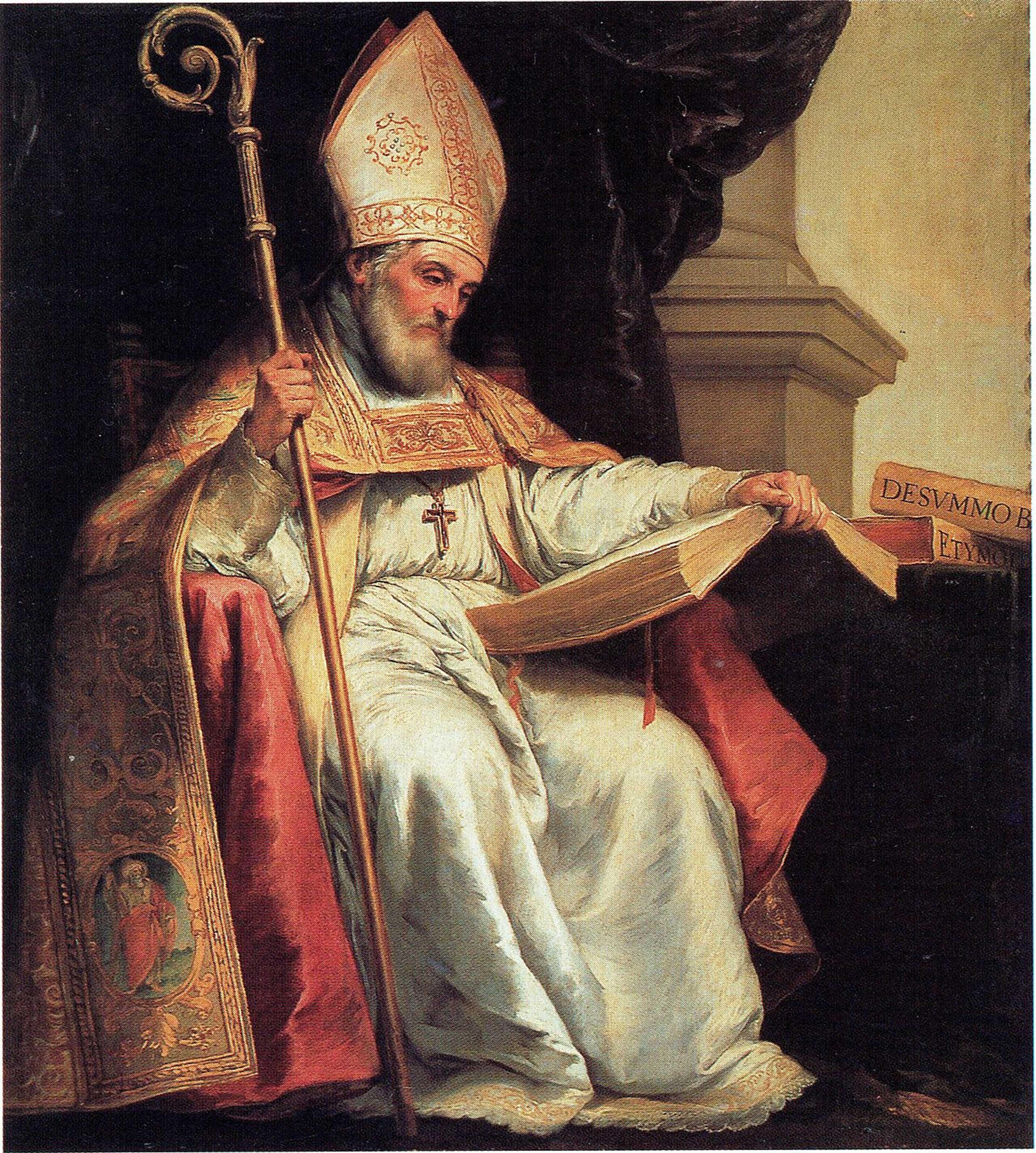Colourful portrait of Isidore of Seville, dressed in religious robes and holding a staff, and reading a large book.