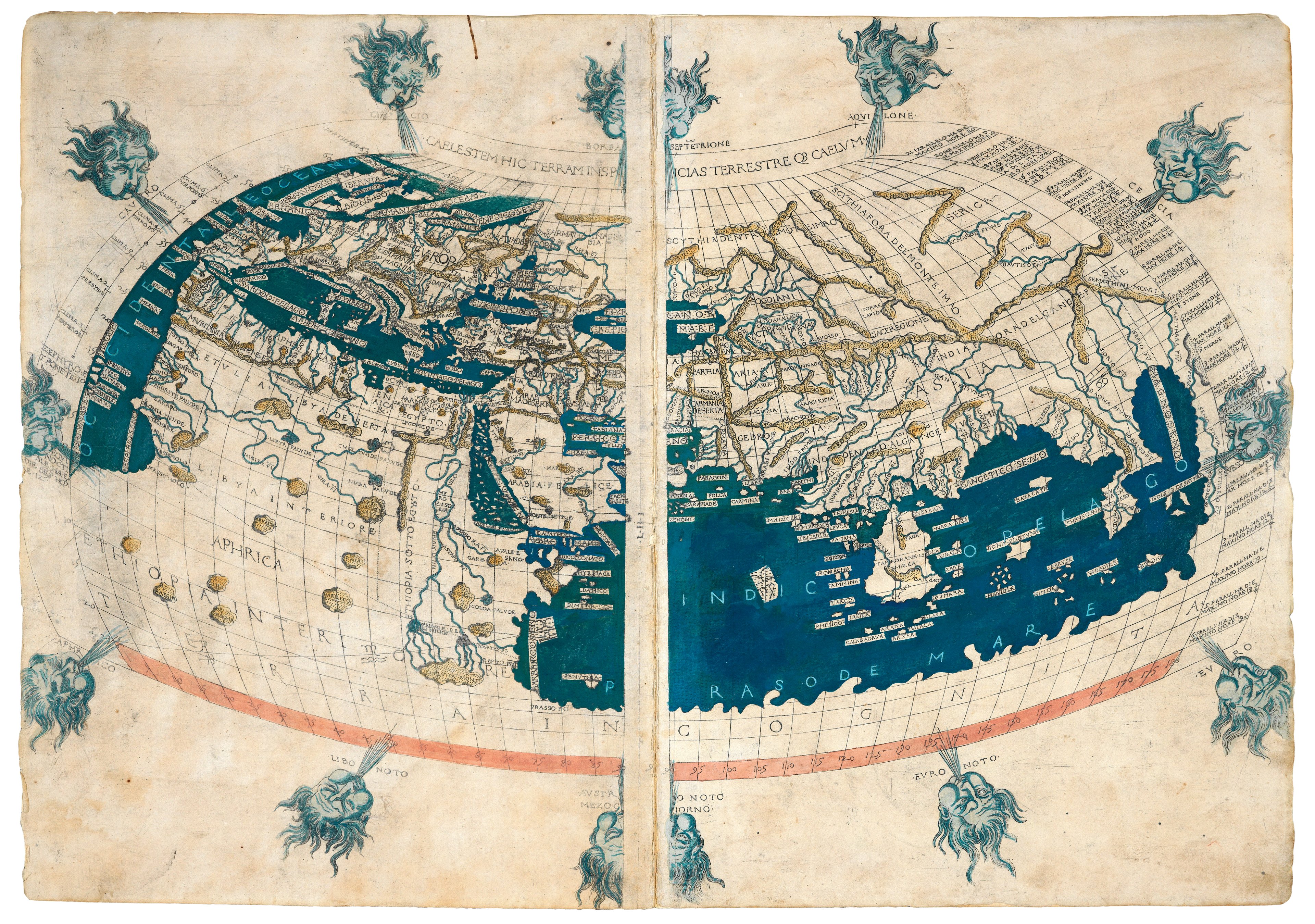 Berlinghieri's Ptolemaic world map with vibrant hand-drawn colour, featuring 12 Wind Heads around the outside of the map