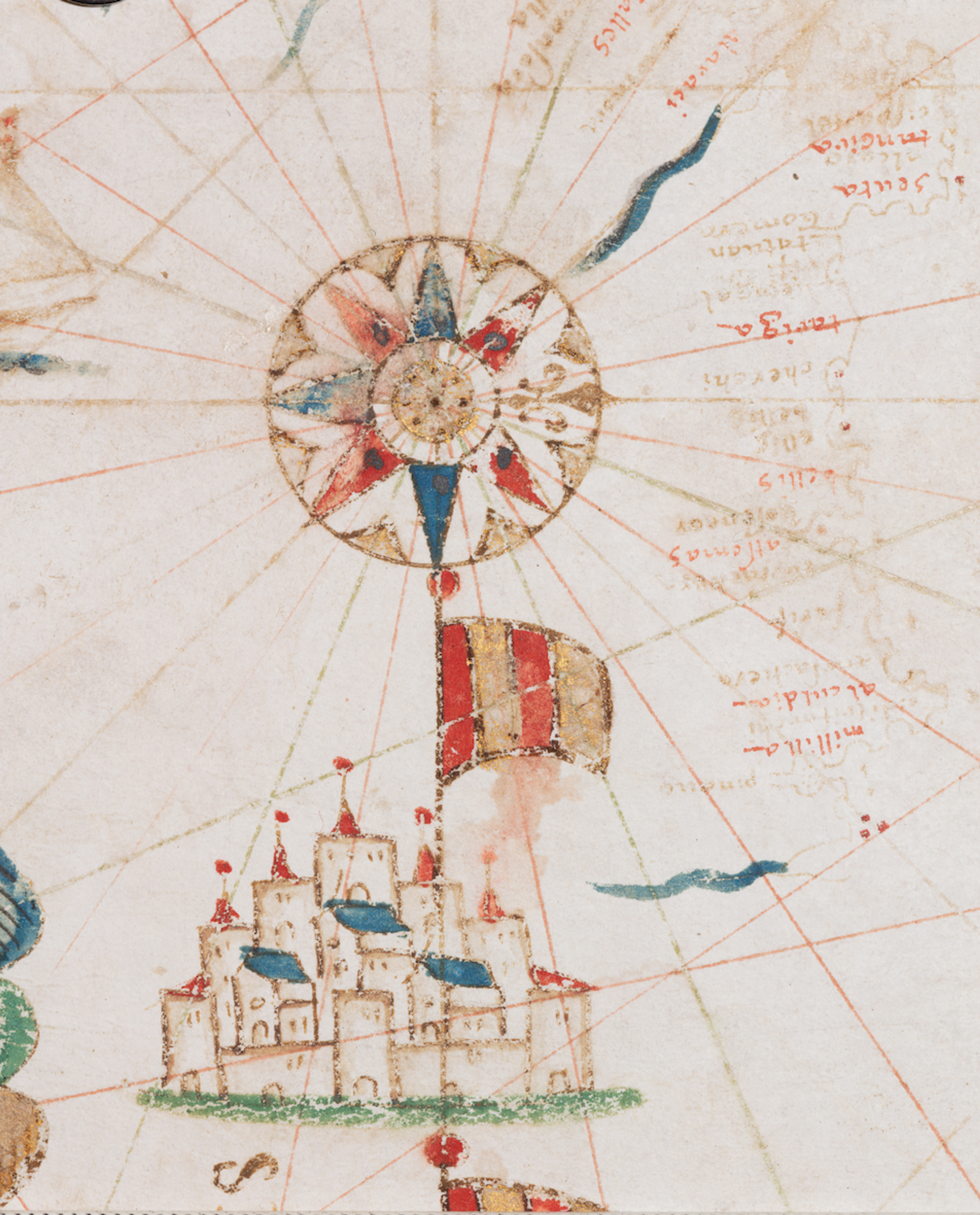 Close up of rhumb lines on a navigational chart with a large castle as the focal point