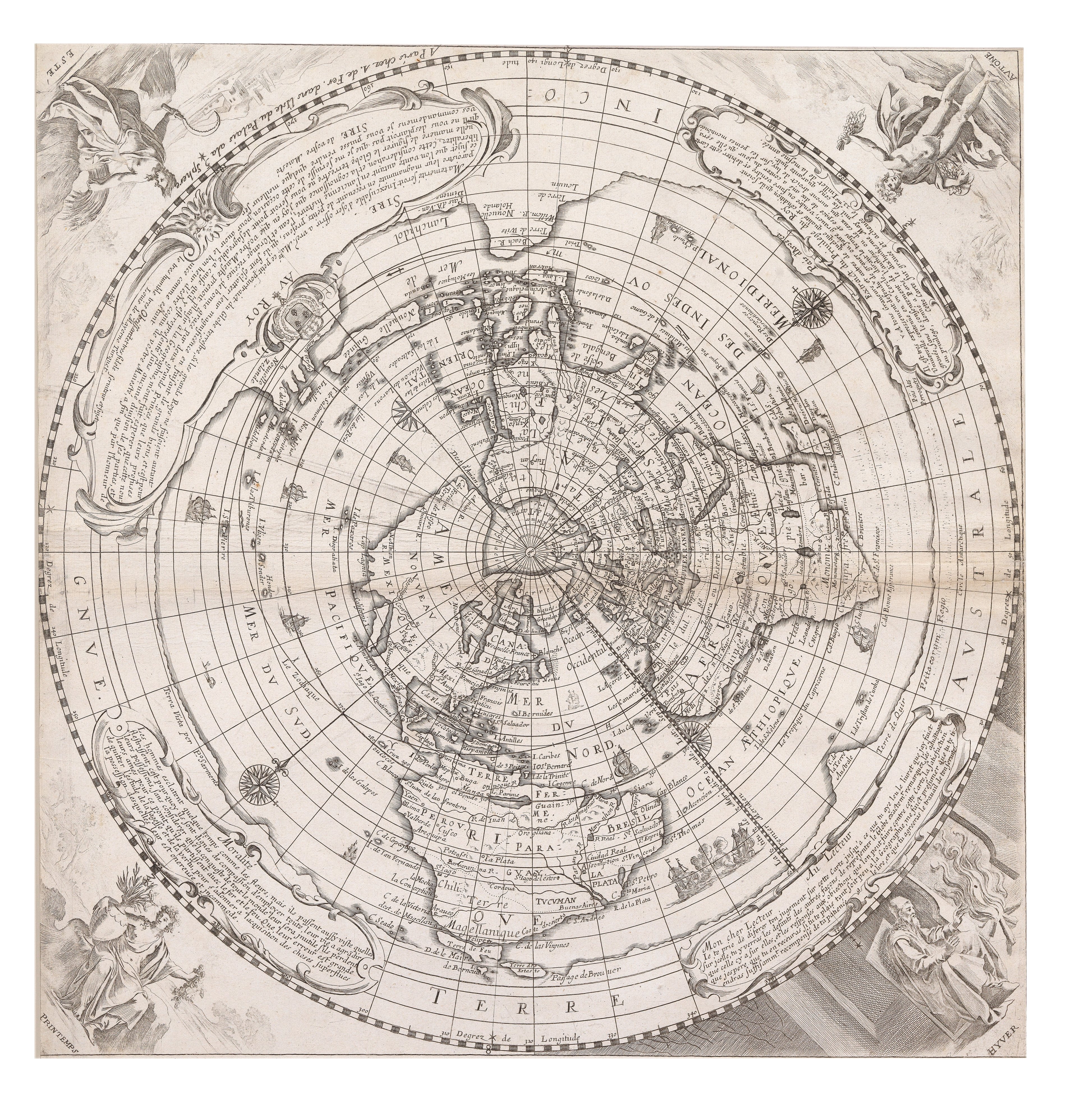 Map of the world on a north polar Postel azimuthal projection with illustrations adorning each corner of the print