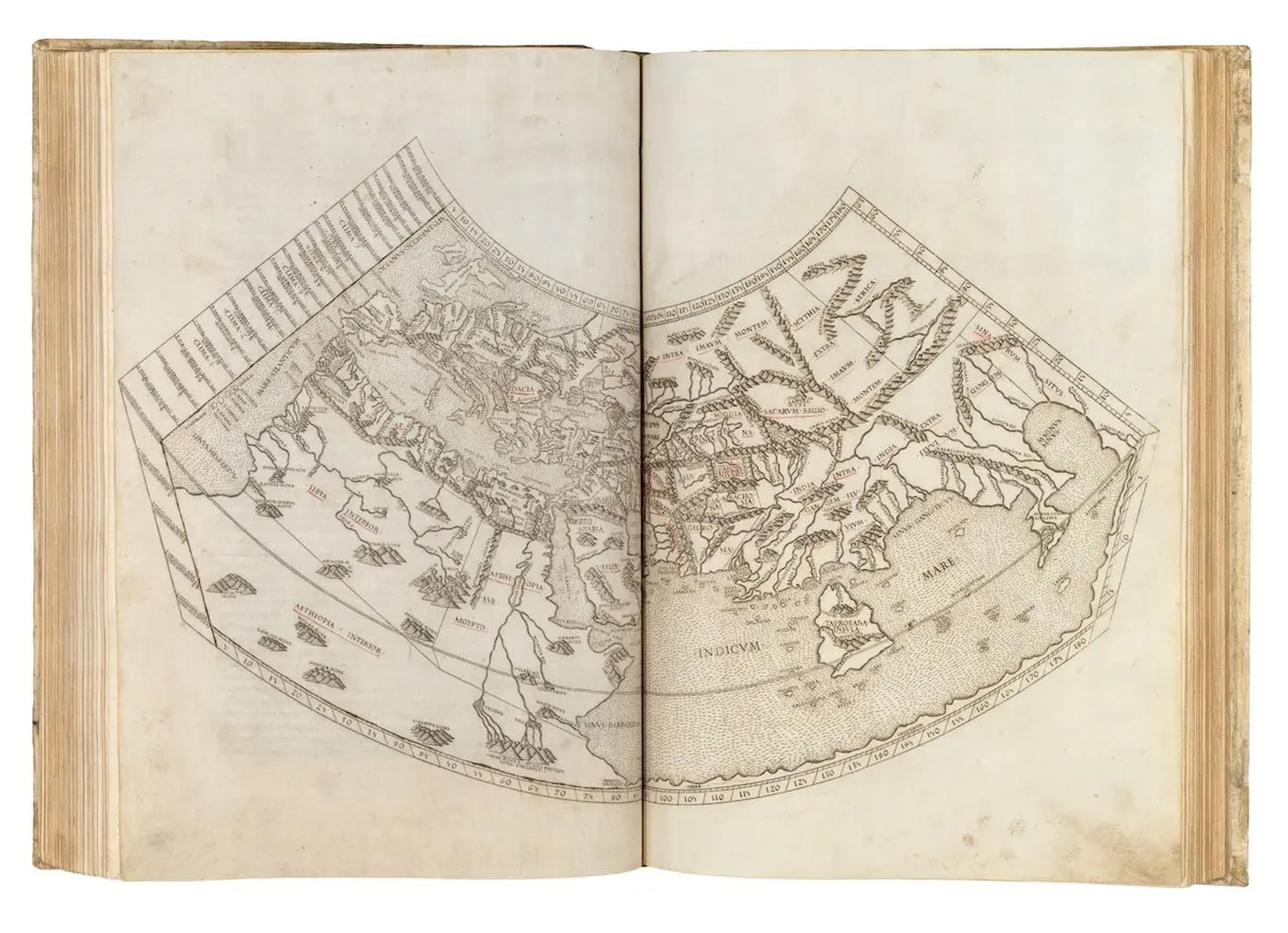 Two colour Ptolemaic Map of the World, printed mostly in black with highlights in red the secondary colour.