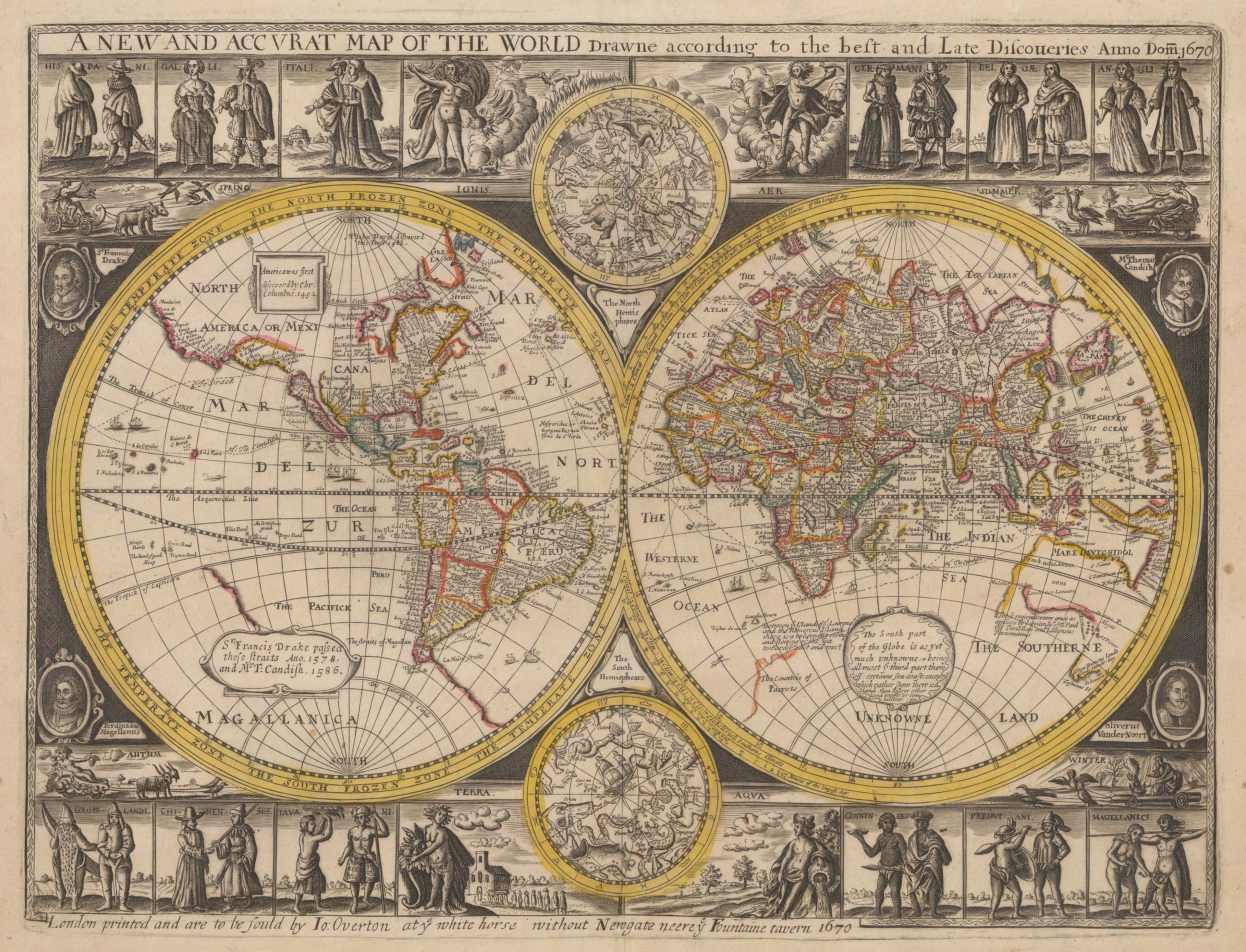 Peter Stent's double-hemisphere world map, elaborately embellished with top and bottom borders and text that reads: A new and accurate map of the world drawn according to the best and late discoveries