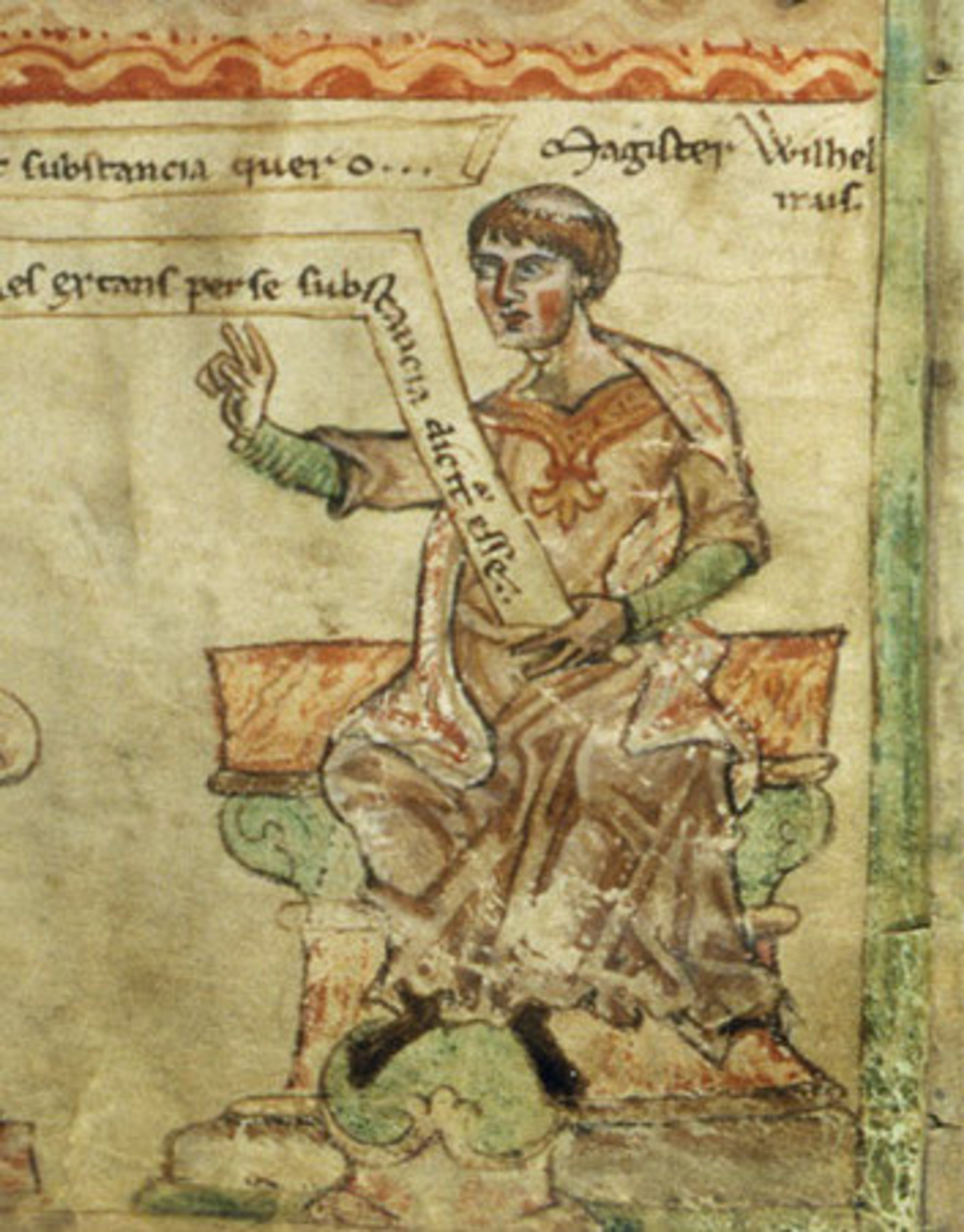 Colourful simple portrait of William de Conches, a man with brown hair, facing away from the viewer and holding his right hand out in front of him.