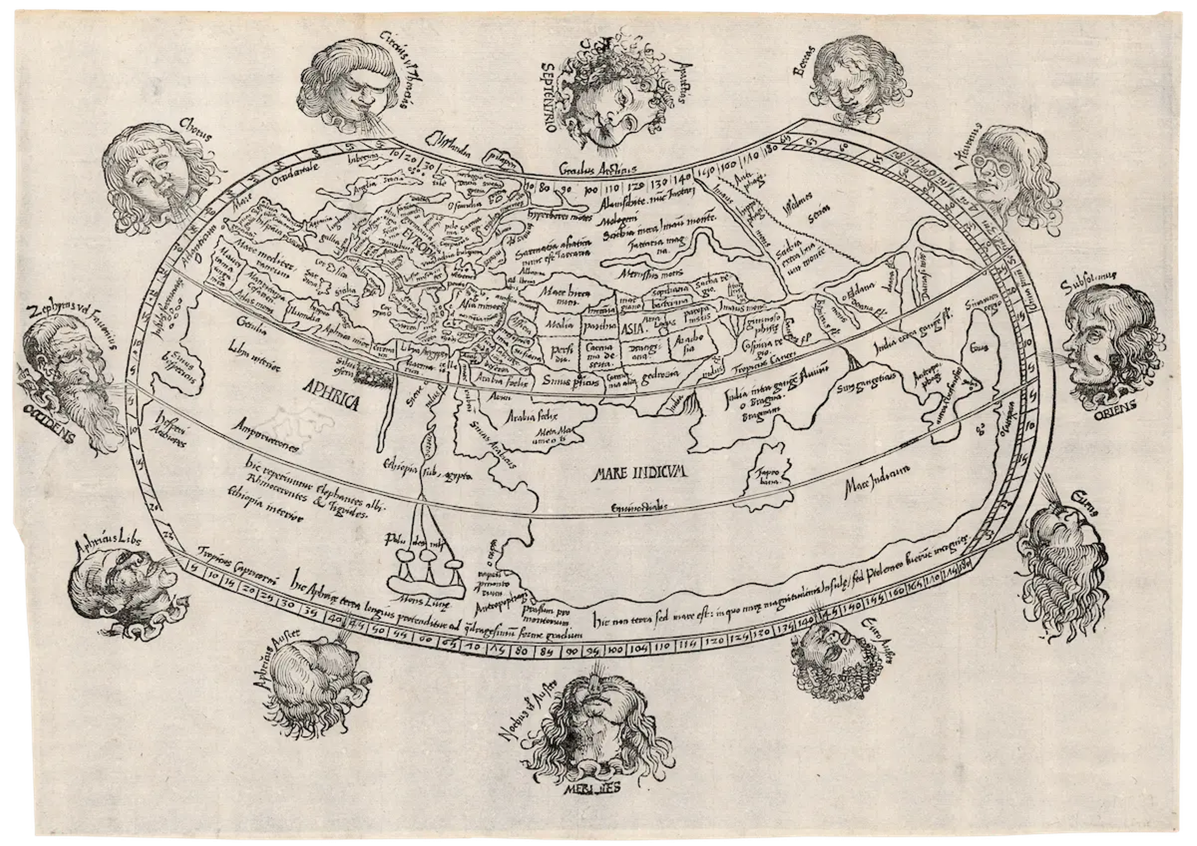 Reisch's Wind Head Map showing lands unknown to Ptolemy, surrounded by 12 Wind Heads
